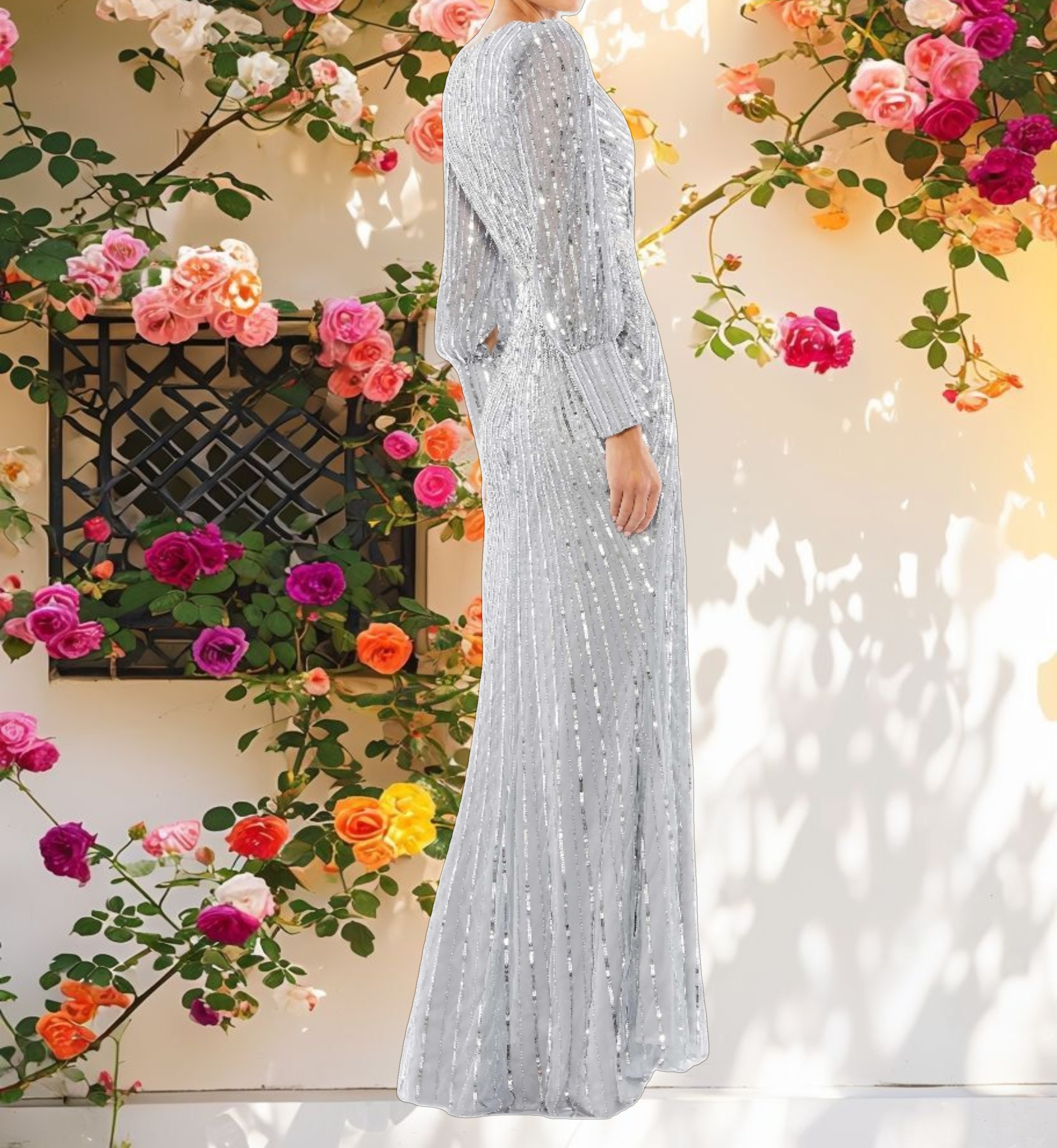 Shiny Fabric Wrap Over Long Sleeve Dress