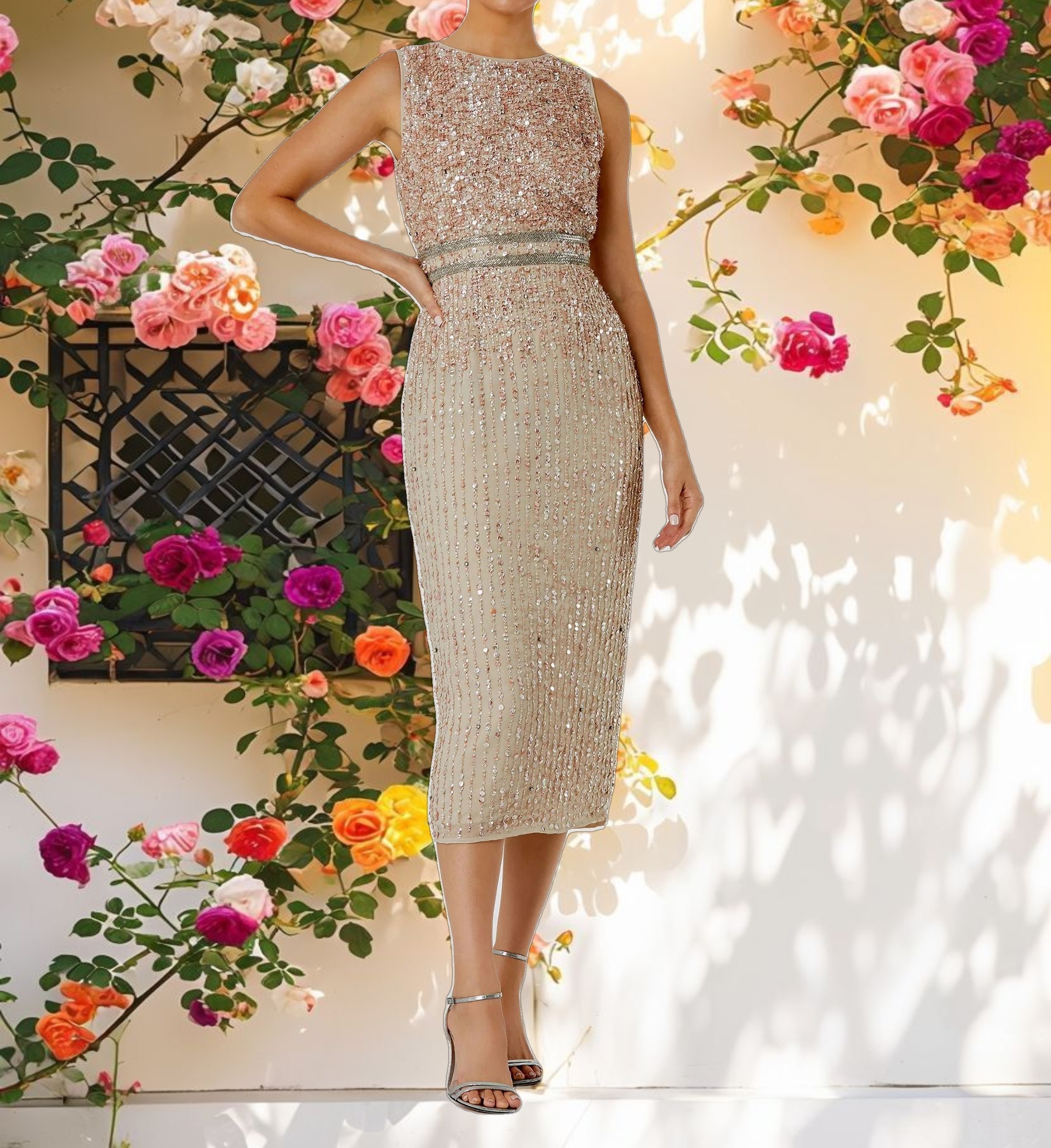 Nude Sleeveless High Neck Beaded Midi Sheath Dress