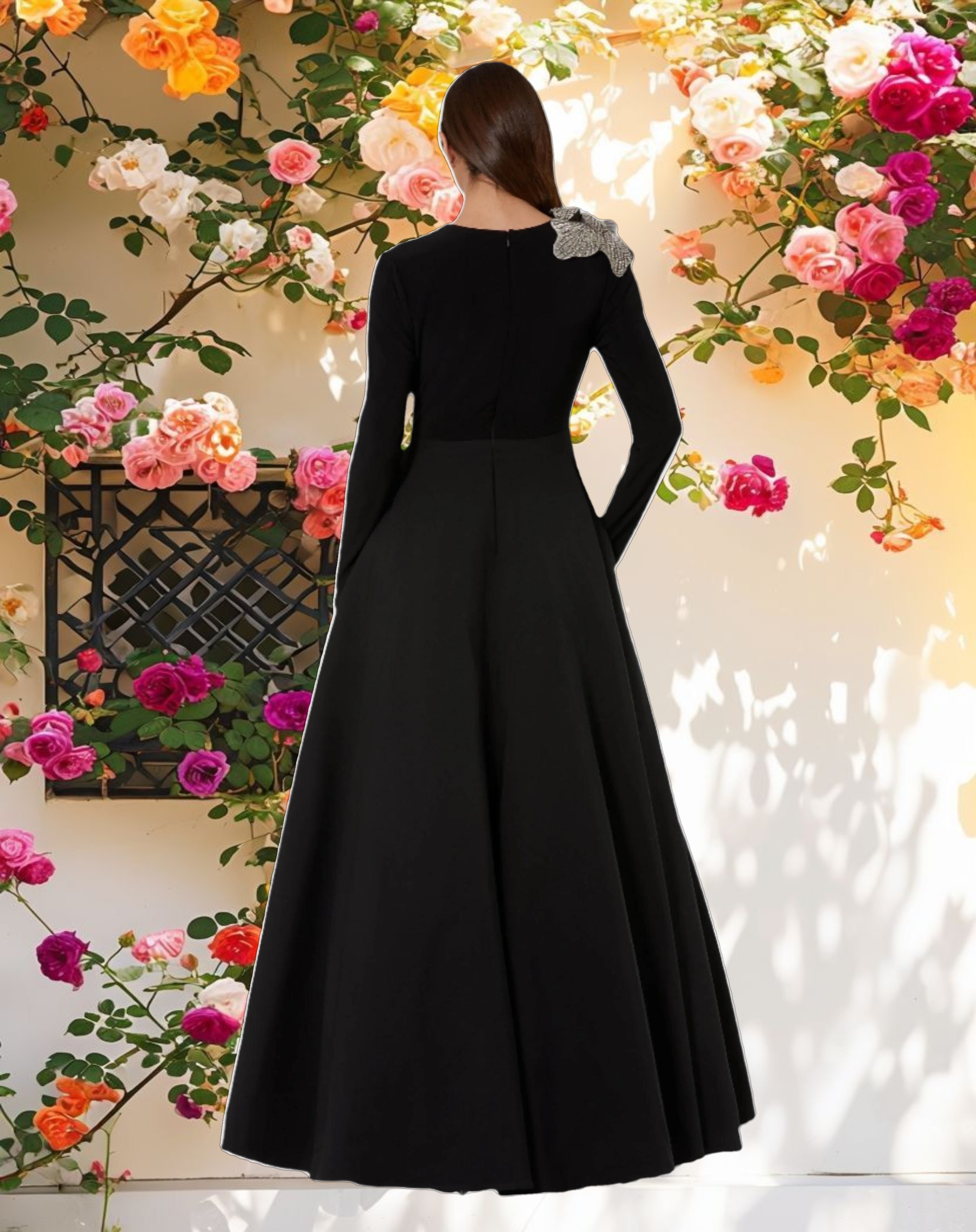 Black Long Sleeve Ball Gown Taffeta with 3D Rhinestone Flower