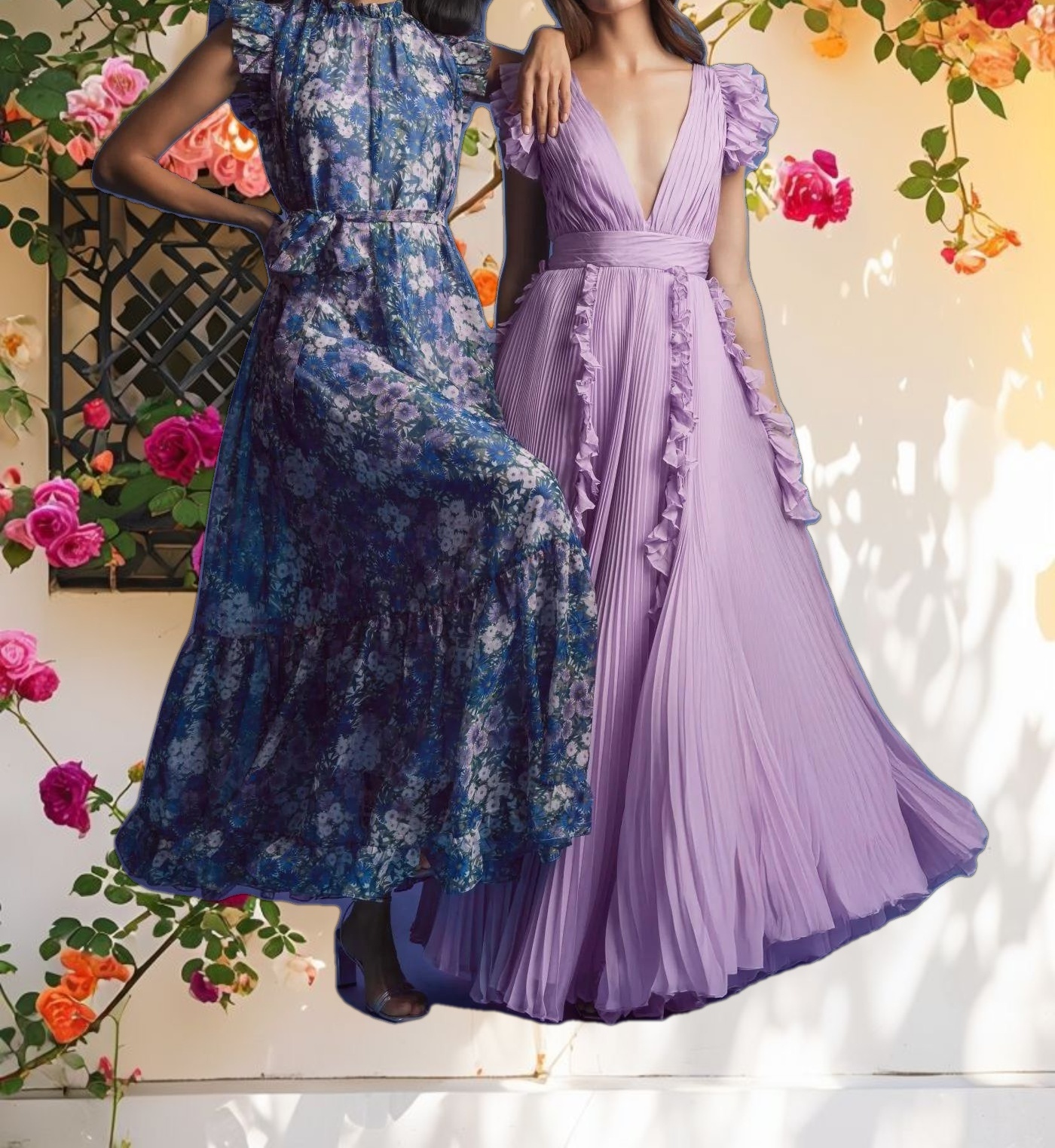 Floral Printed Chiffon Ruffle Sleeve Gown With Bow Belt