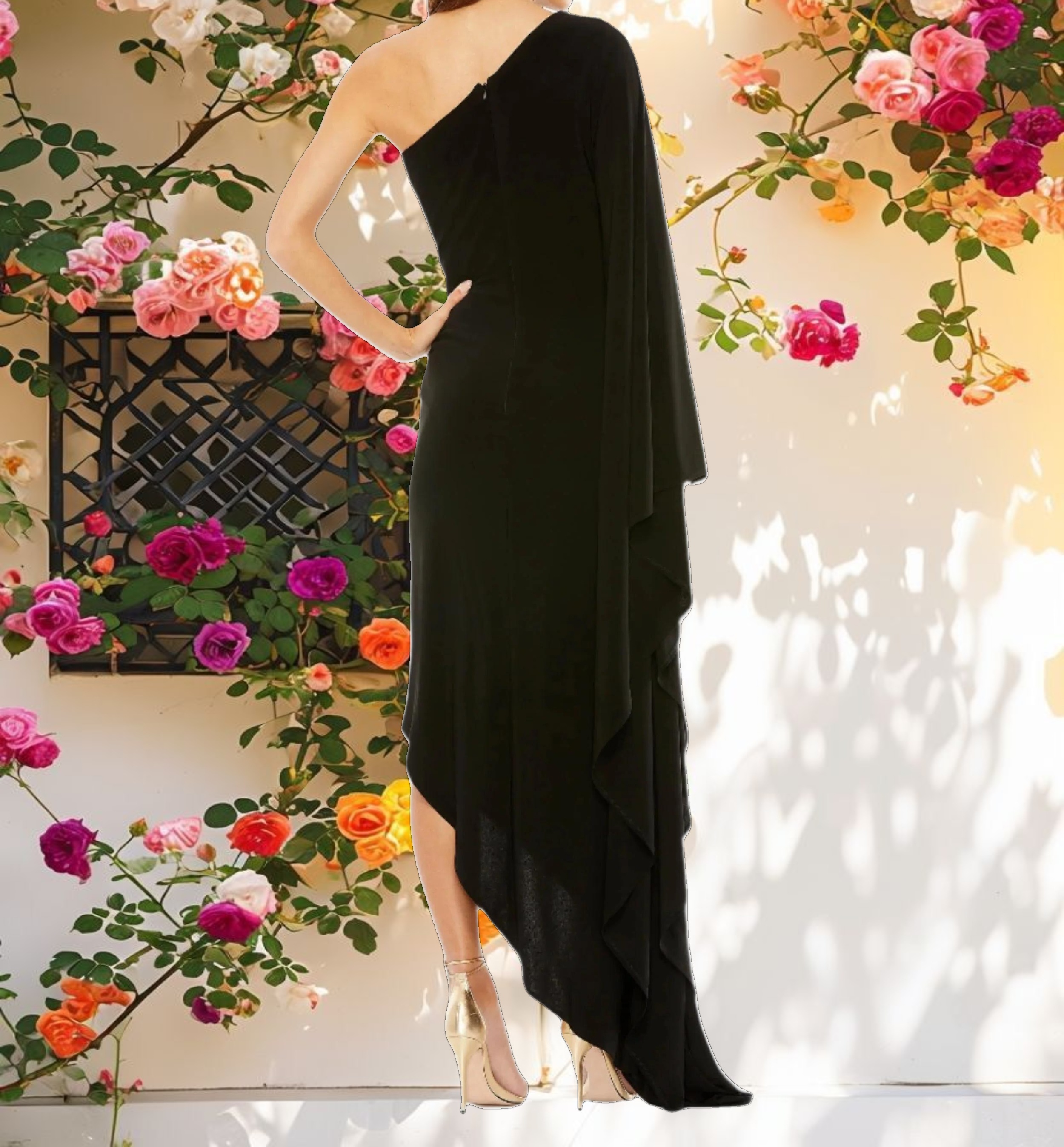 Black One Shoulder Cape Sleeve Ruched Detail Jersey Dress