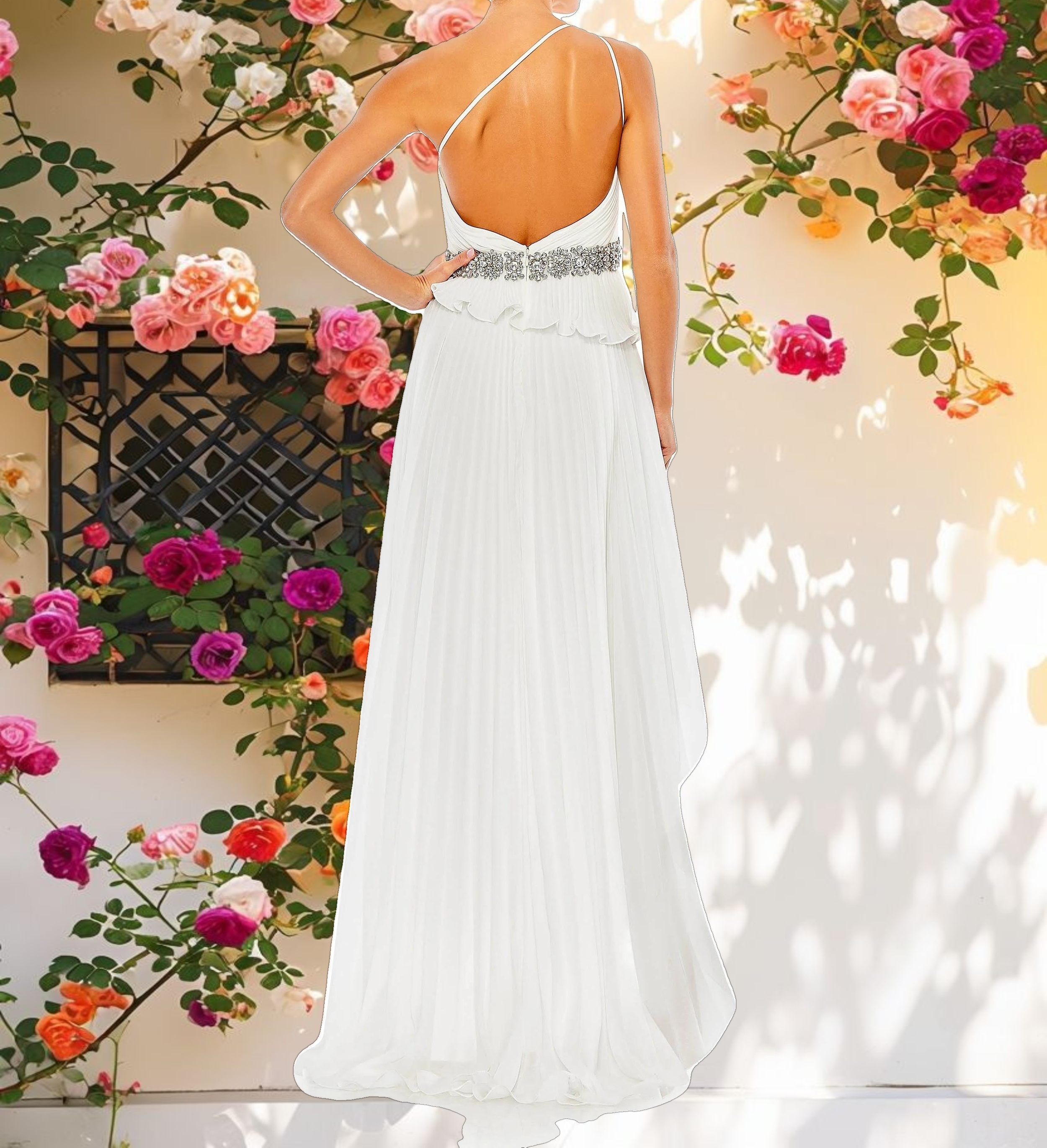 White Pleated One Shoulder Asymmetrical Ruffle Hem Gown