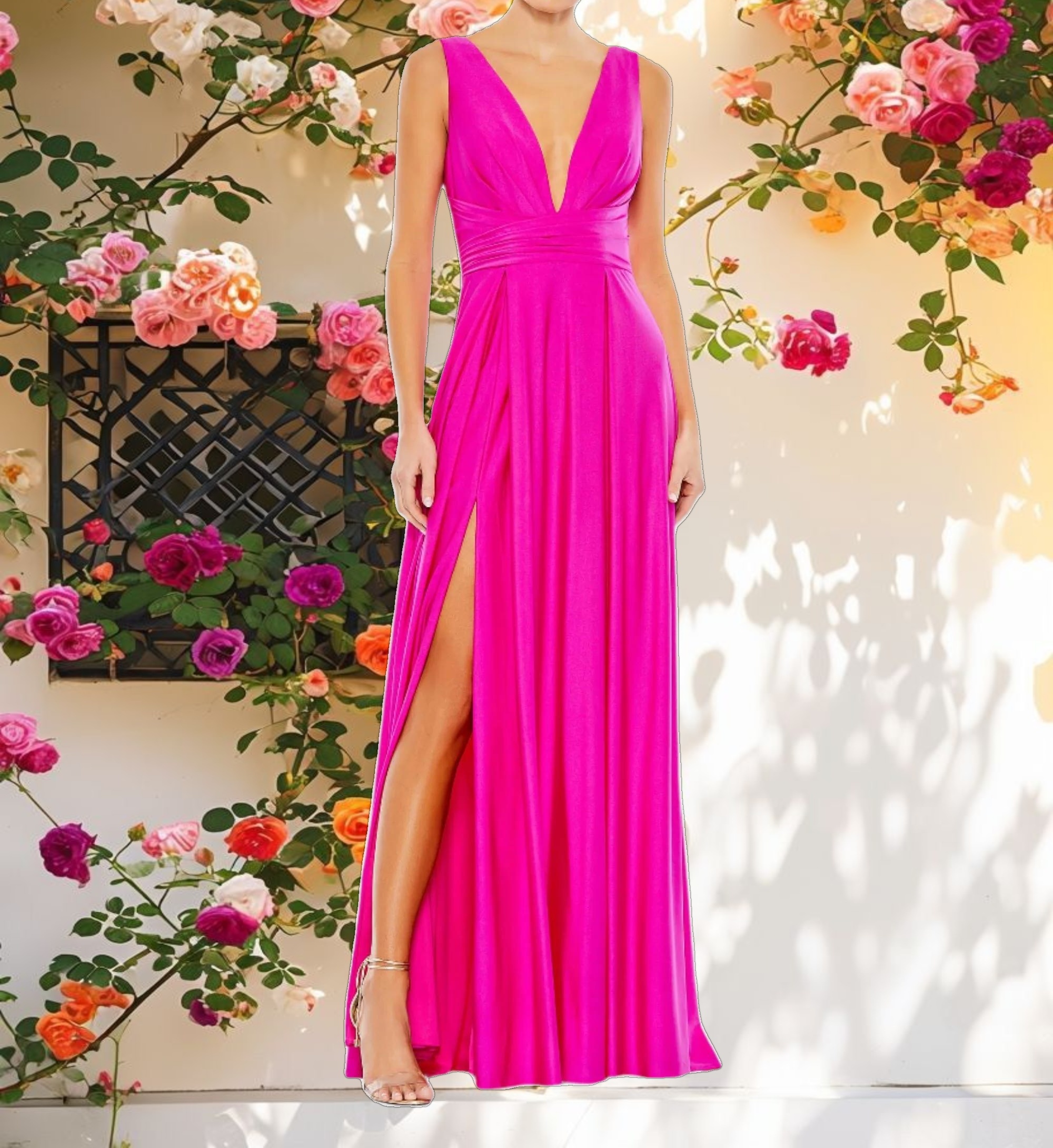 Pink Jersey Plunge Neck Evening Gown