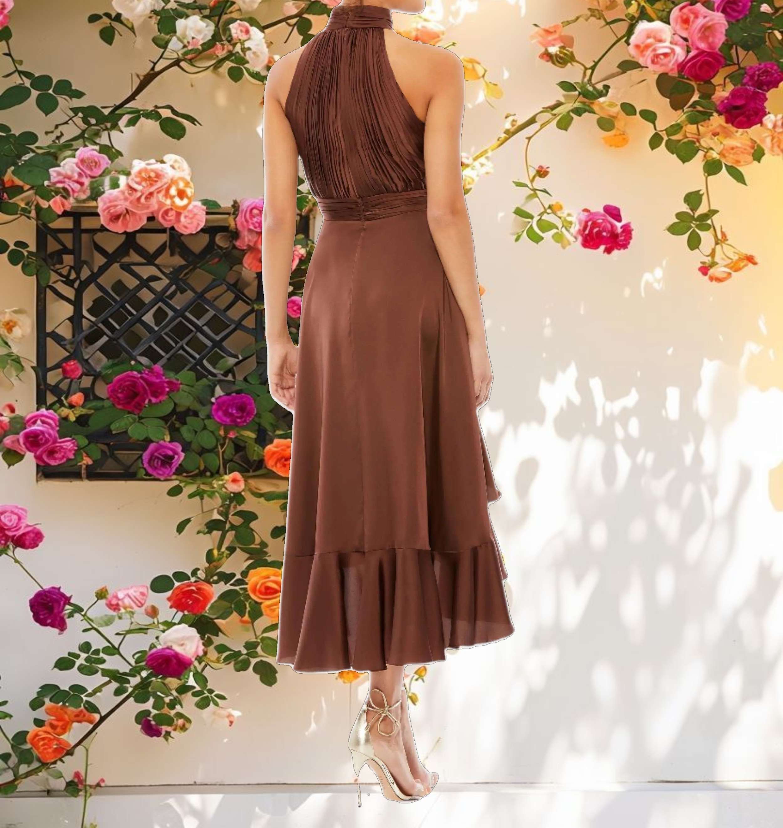 Ruffled Midi Dress with Flower Detail