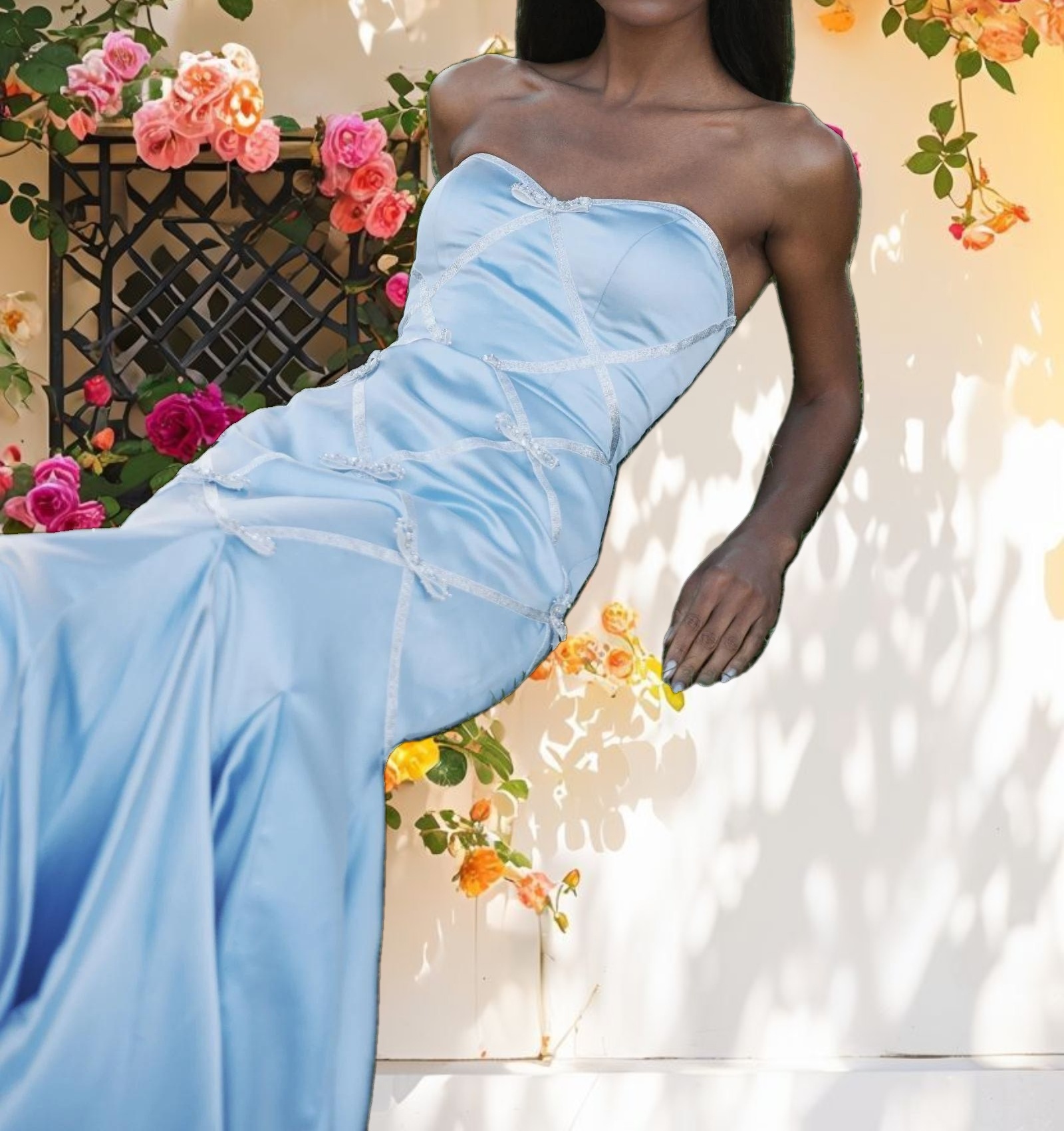 Blue Strapless Satin Trumpet Dress With Bow Details