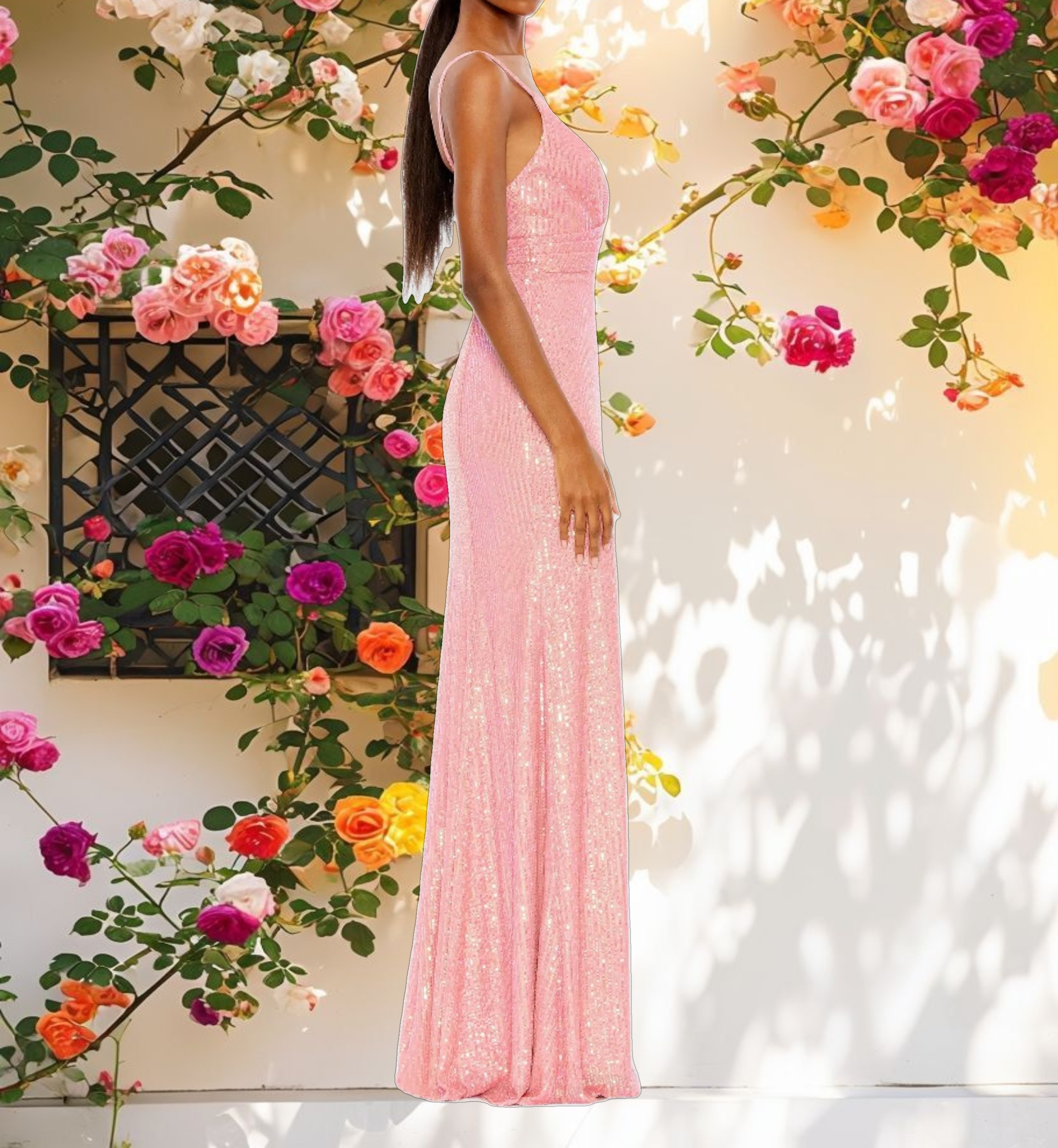 Pink Sequined Draped V Neck Gown
