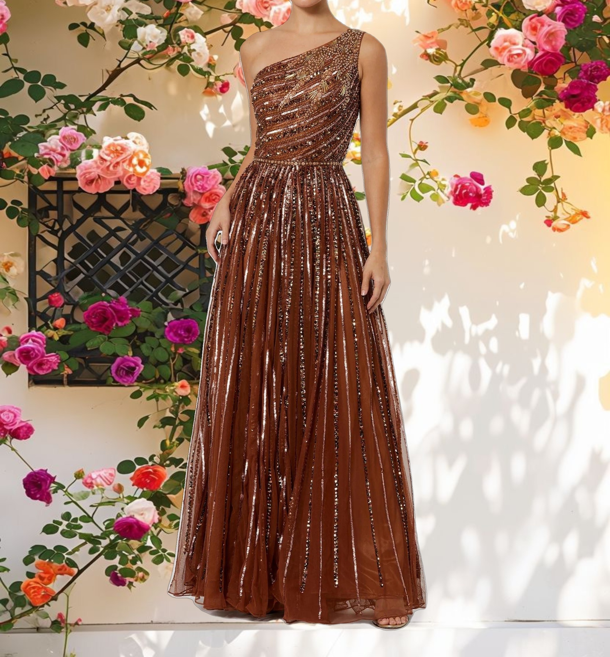 Embellished One Shoulder A Line Gown