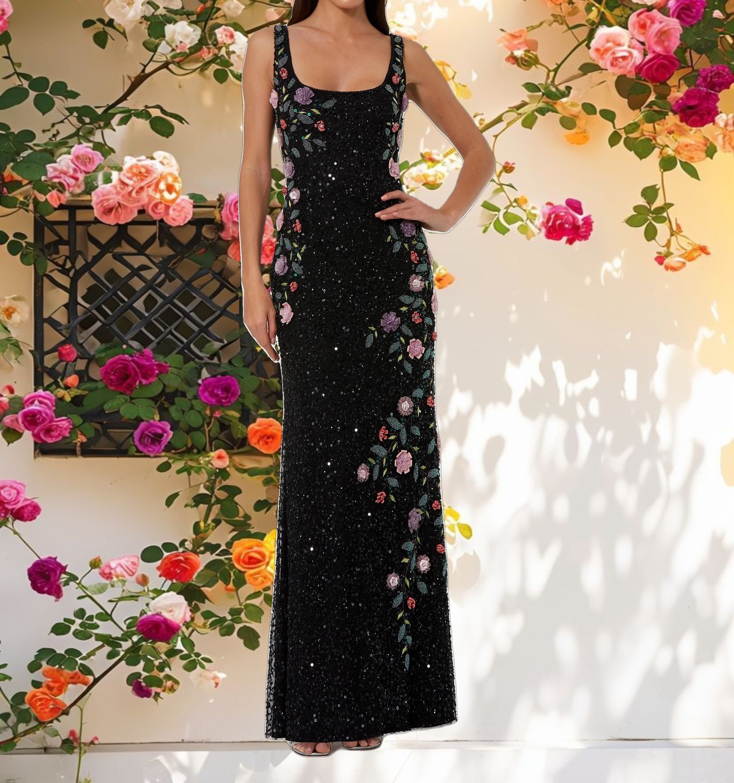 Black Floral Beaded Mesh Gown