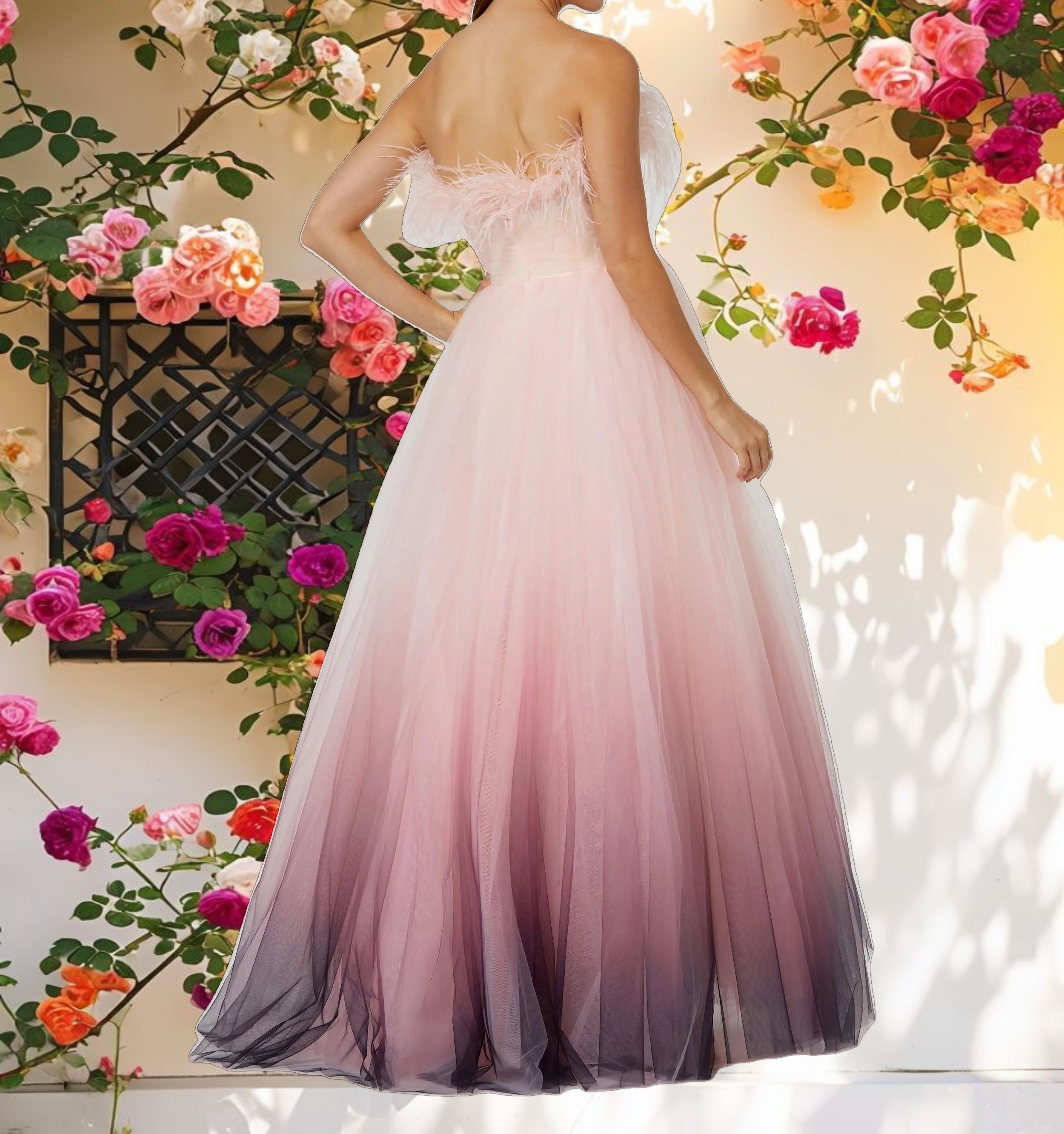 Pink Ombre Strapless Feather Bodice Tulle Gown