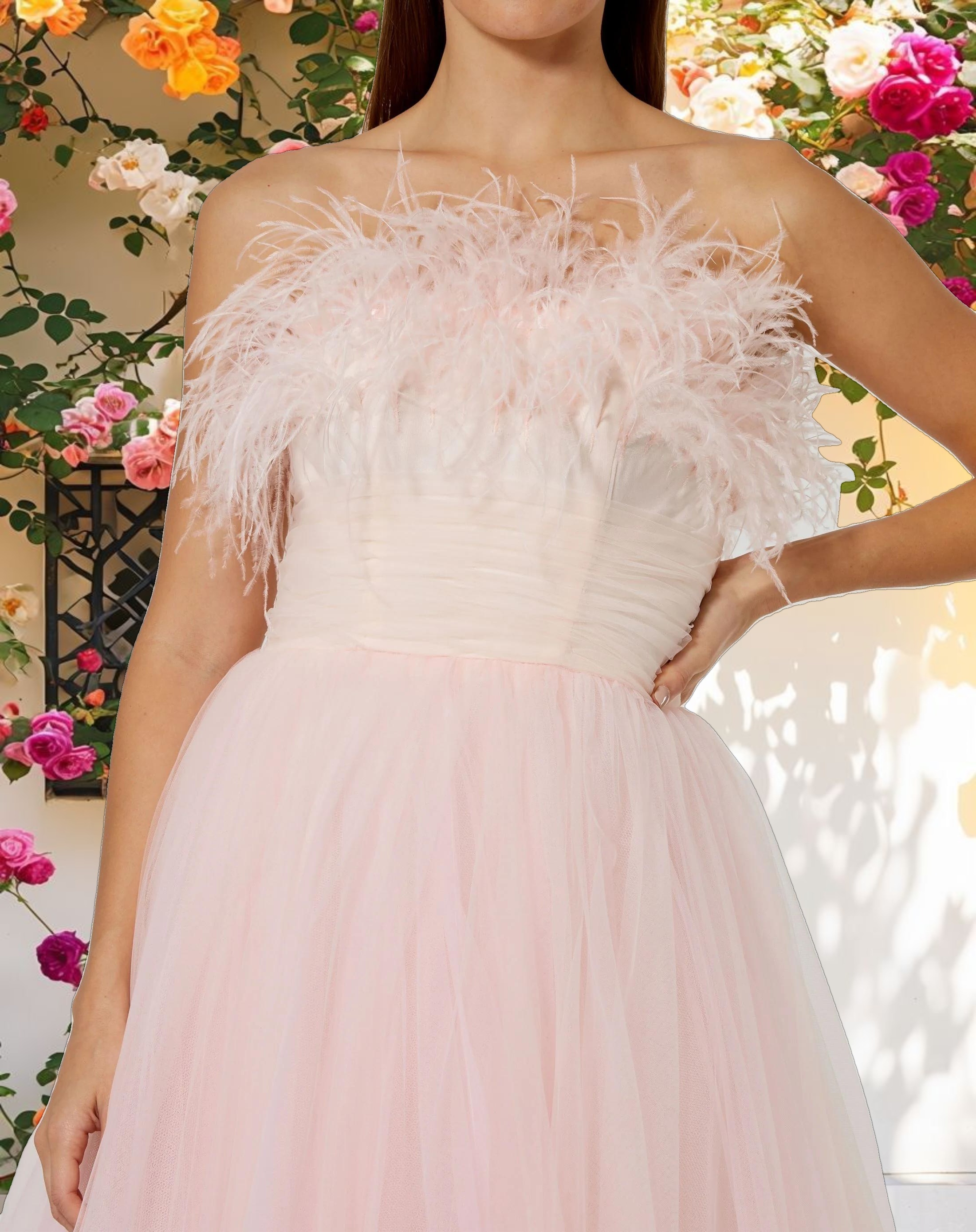 Pink Ombre Strapless Feather Bodice Tulle Gown