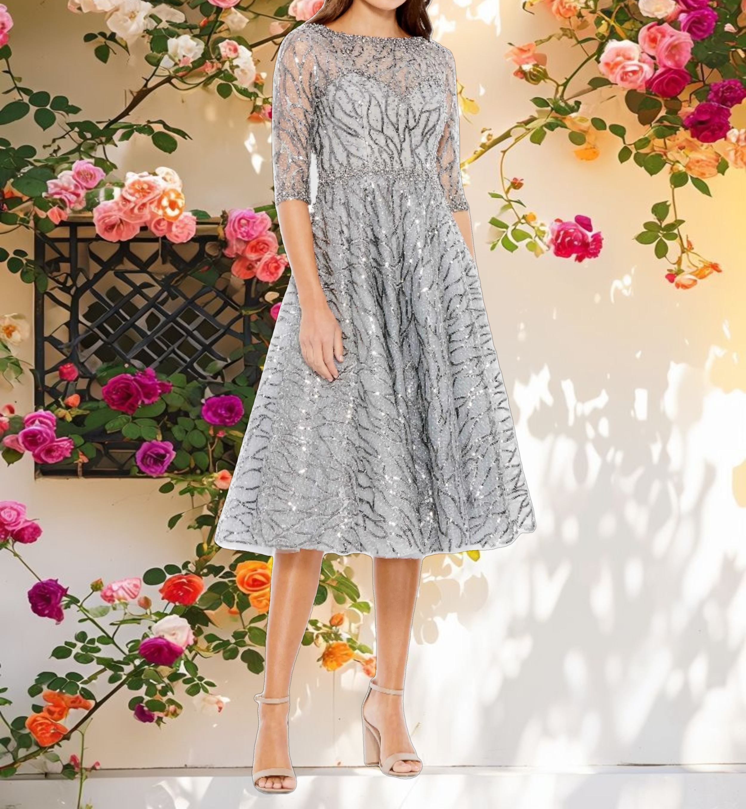 High Neck Above Elbow Sleeve Embellished A Line Dress