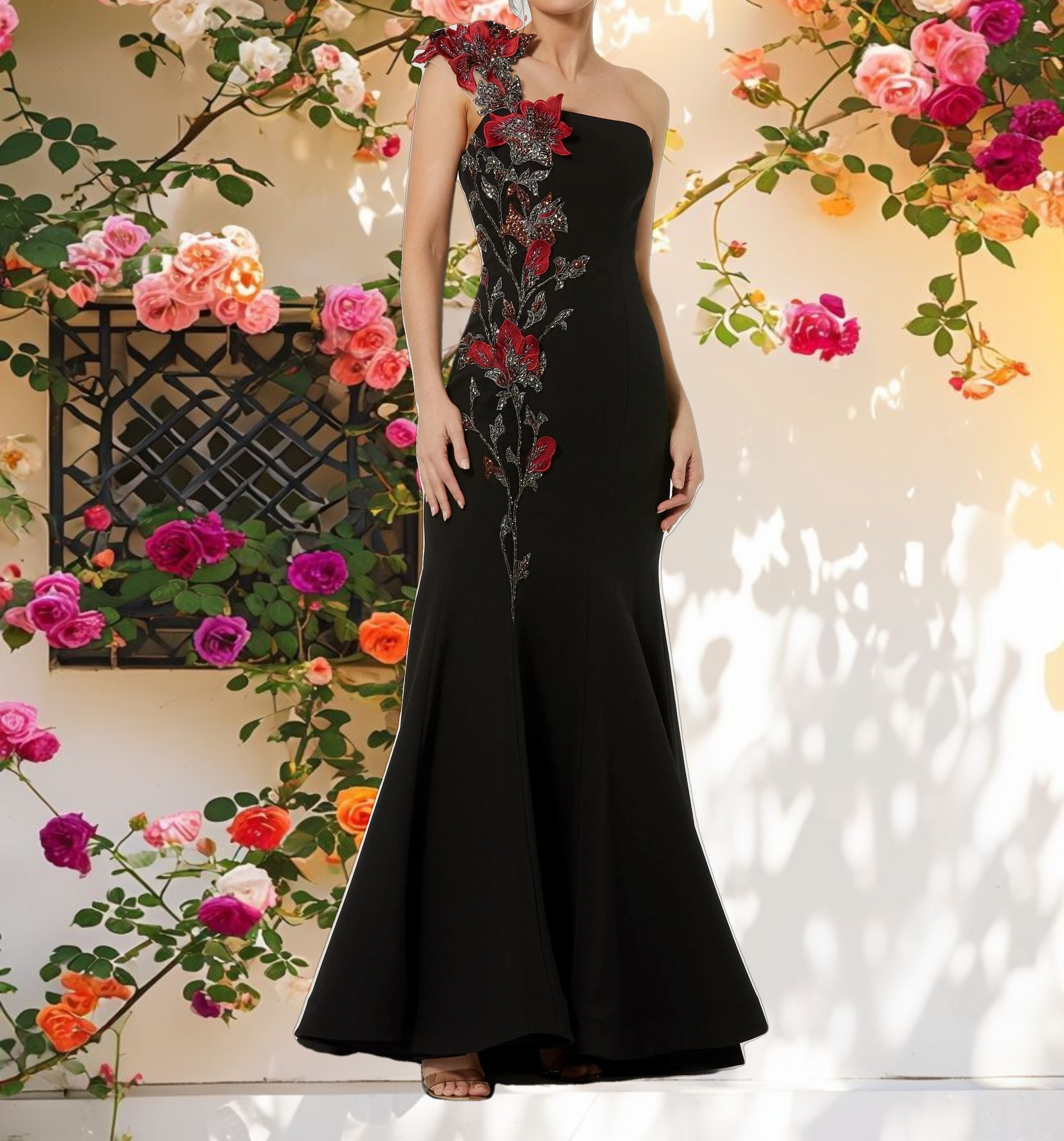 Black Off The Shoulder Embroidered Mermaid Gown