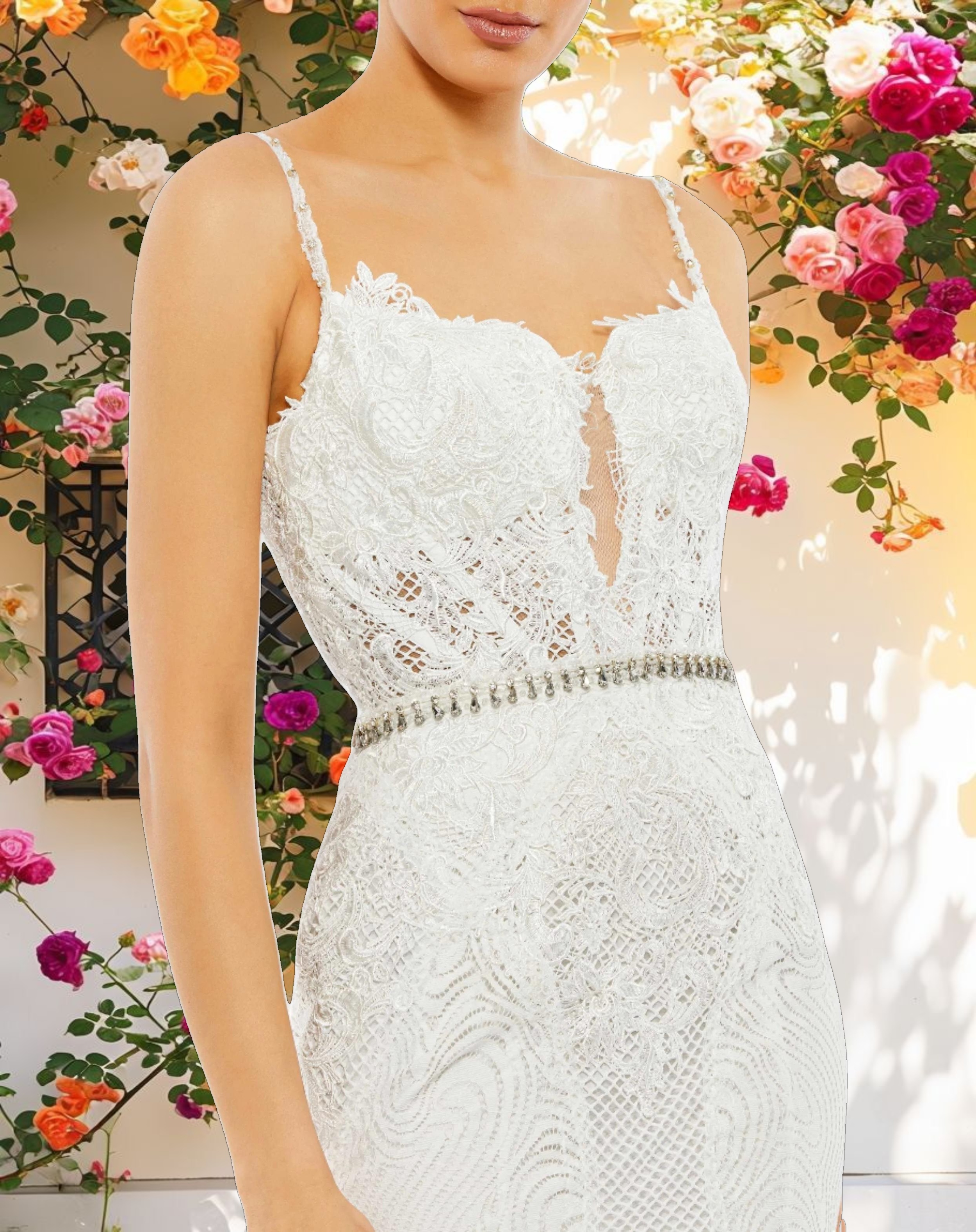 White Embroidered Sleeveless Plunge Neck Trumpet Gown
