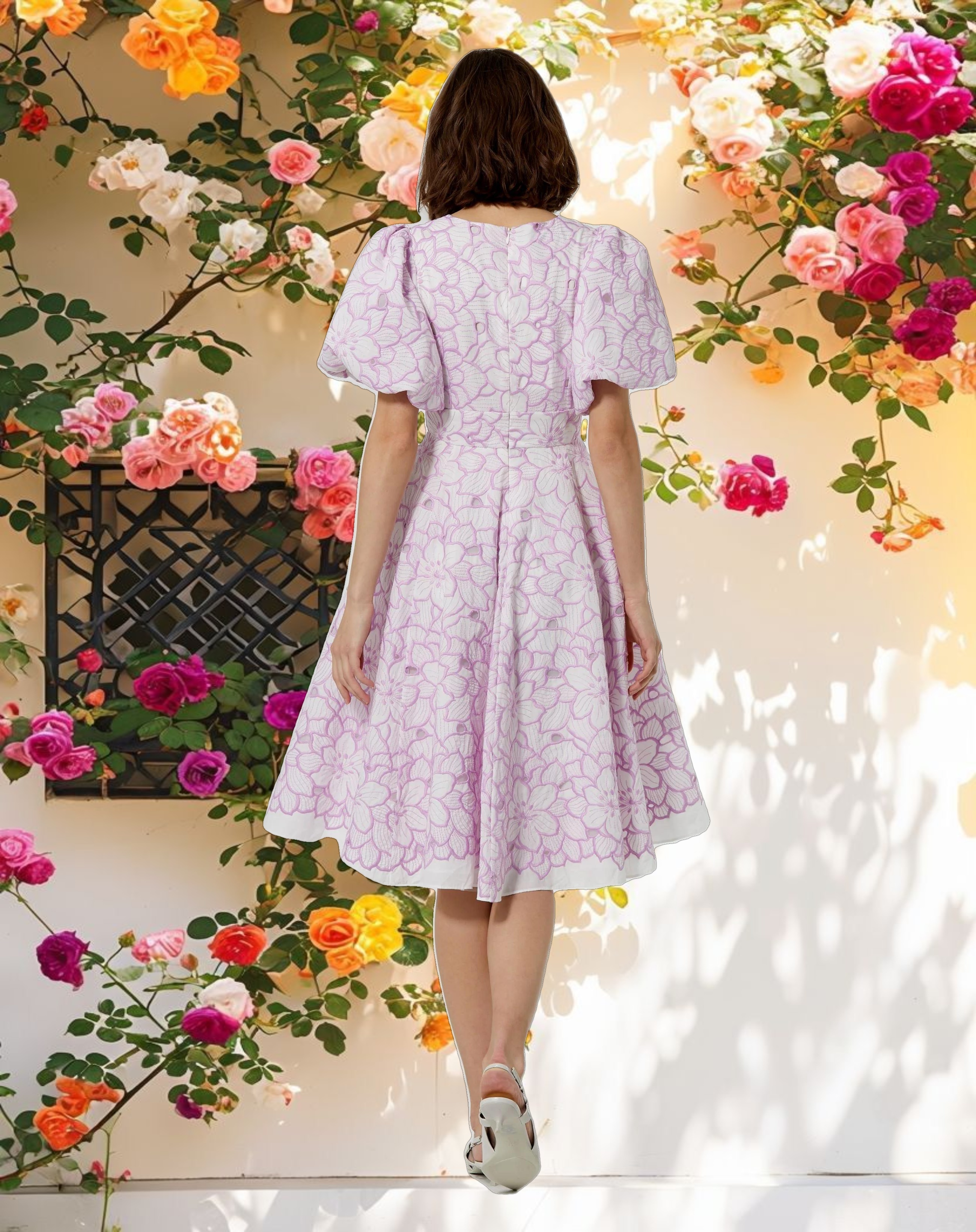 Multicolor Embroidered Floral Puff Sleeve Midi Dress