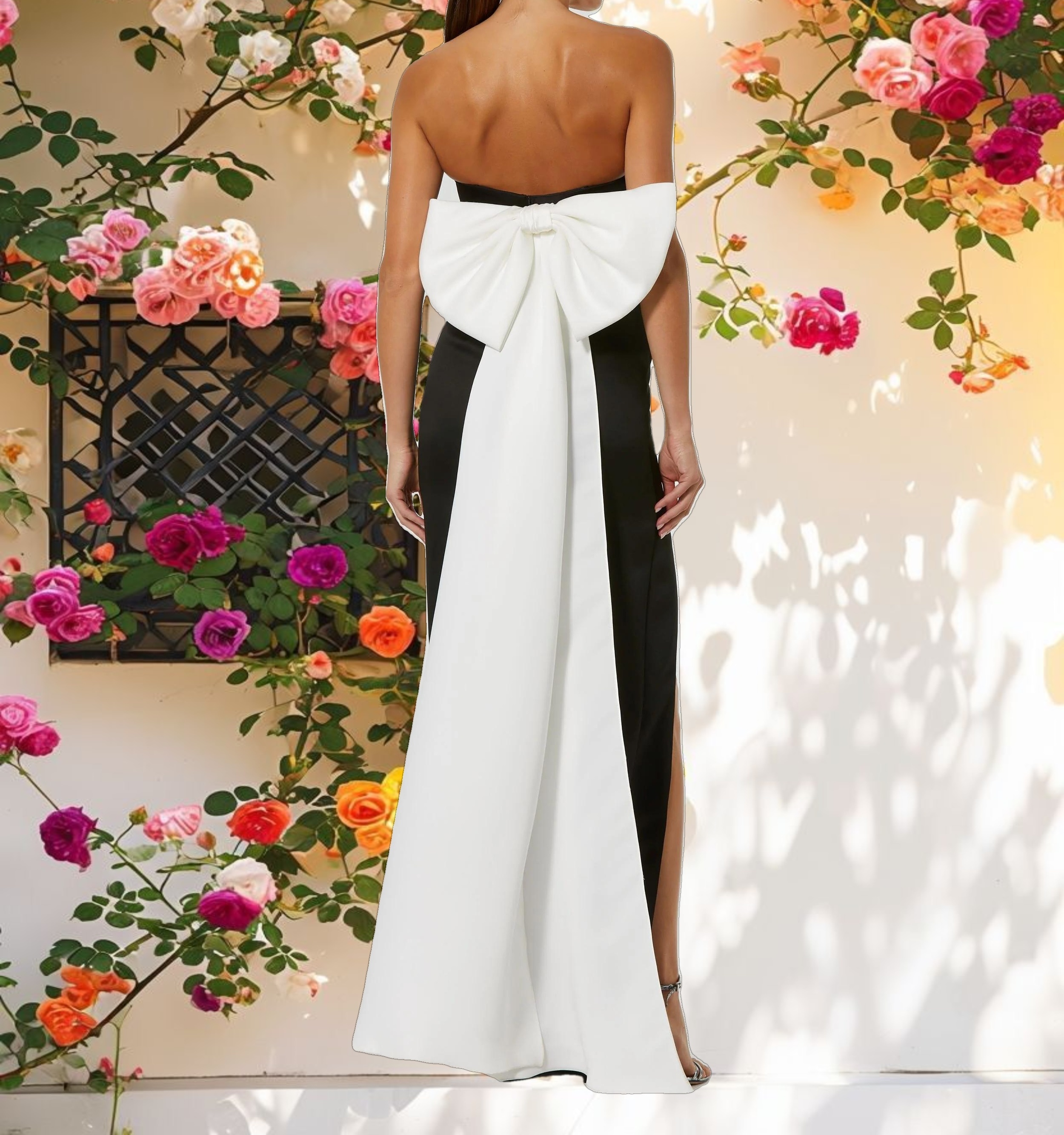 Black Satin Strapless Bustier Gown With Oversized Bow