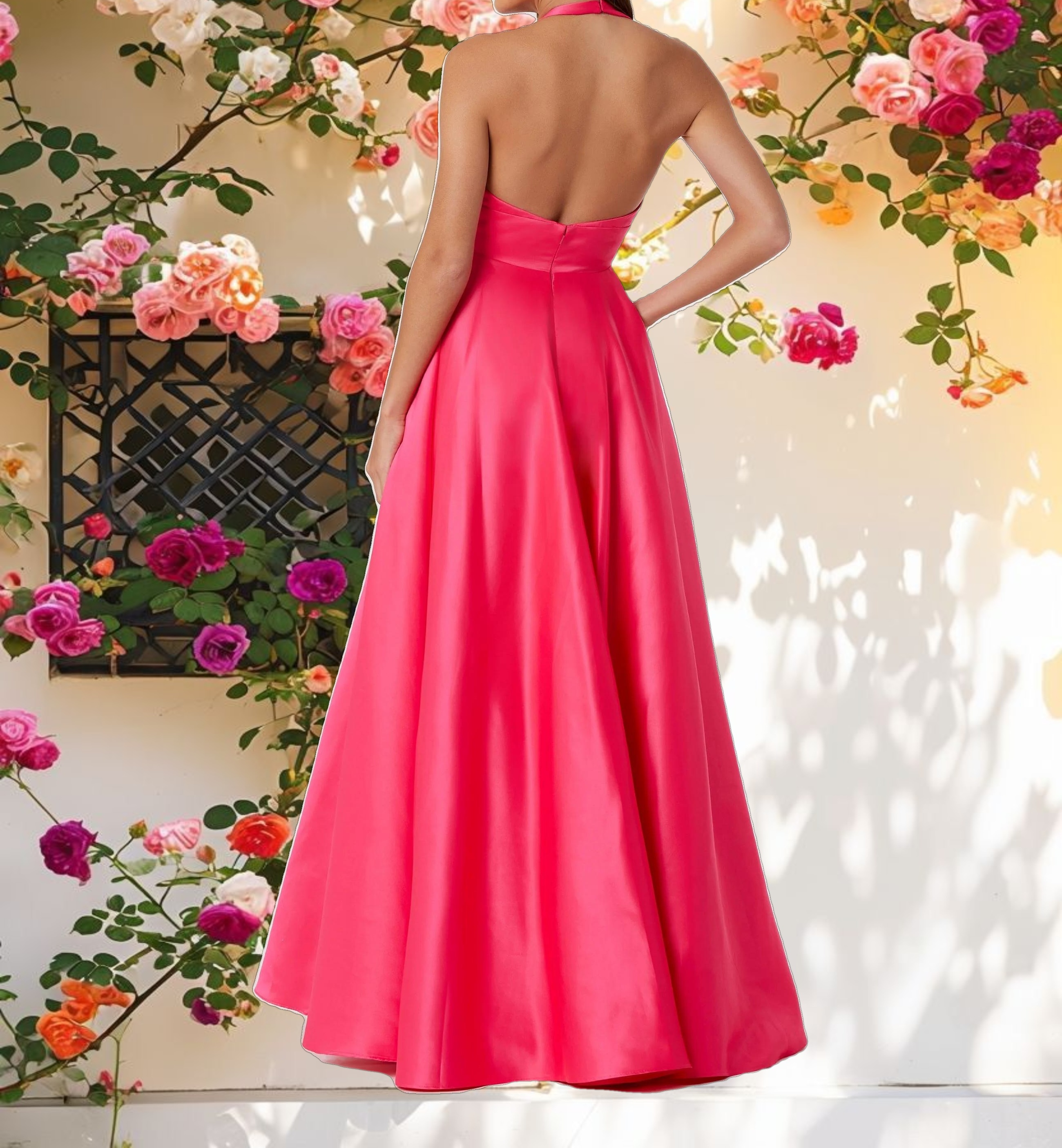 Pink Deep V Satin Ballgown with Oversized Bow