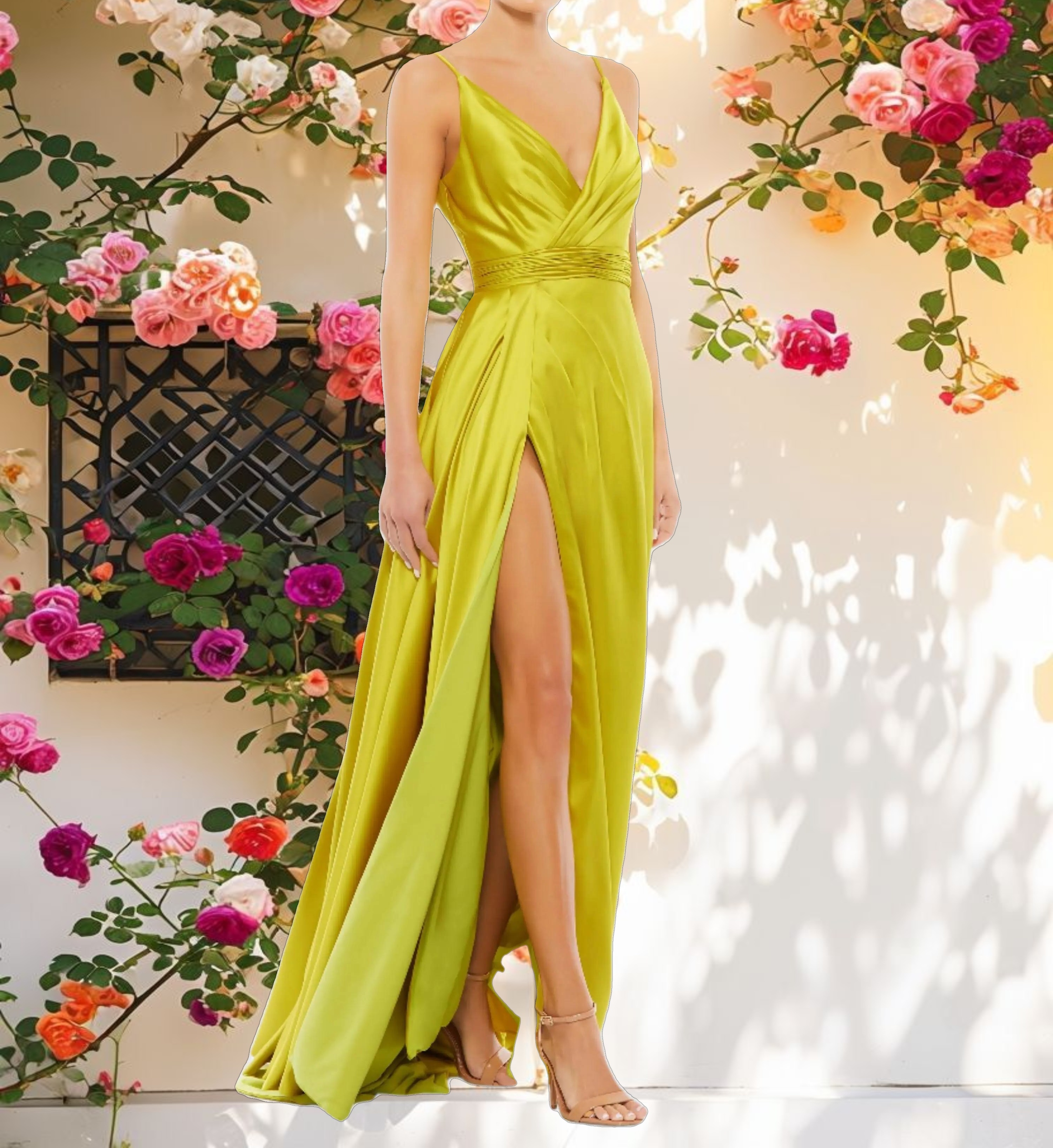 Green Open-Back Draped Dress