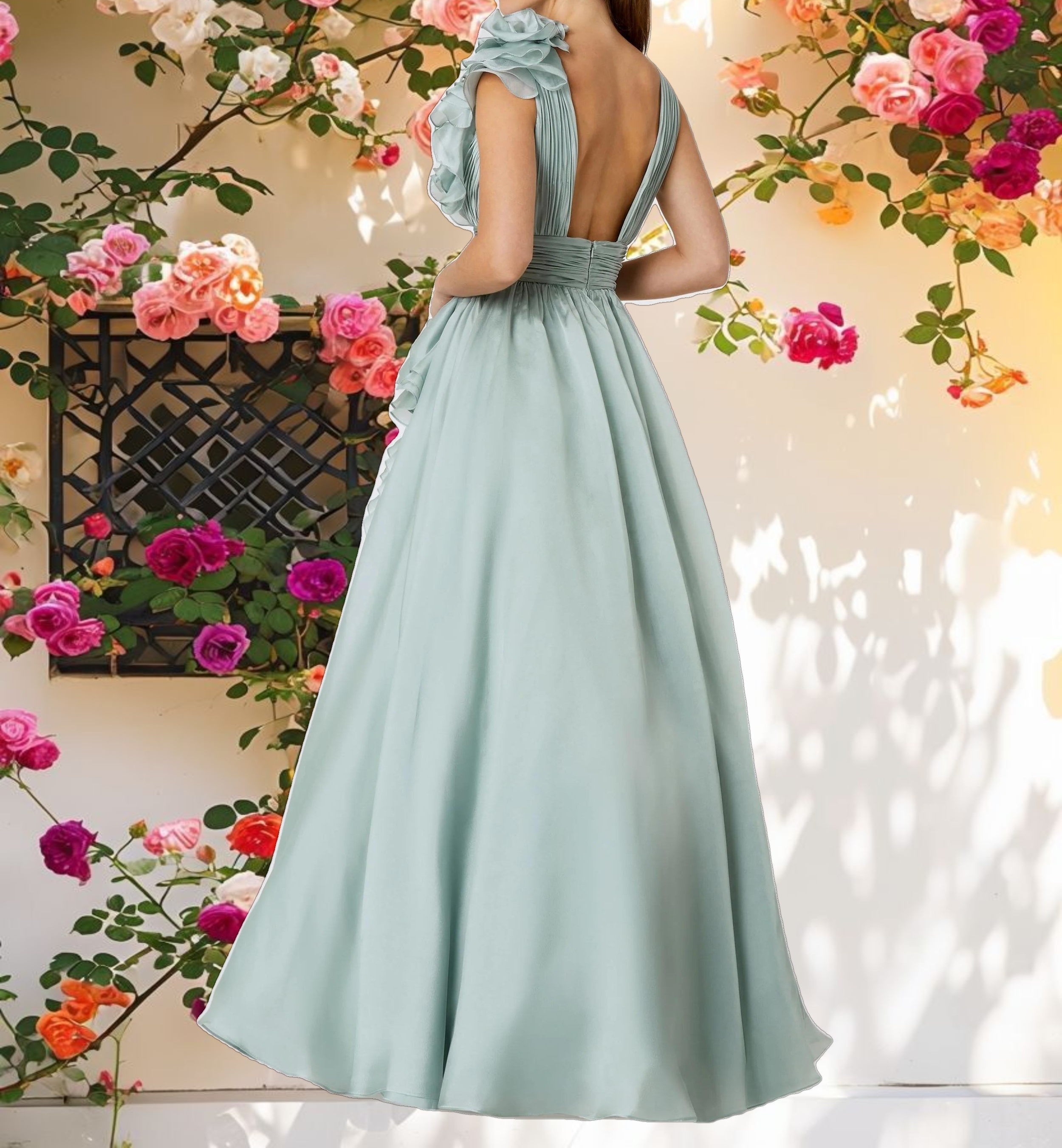 Green Ruffle Shoulder V-Neck Chiffon Gown