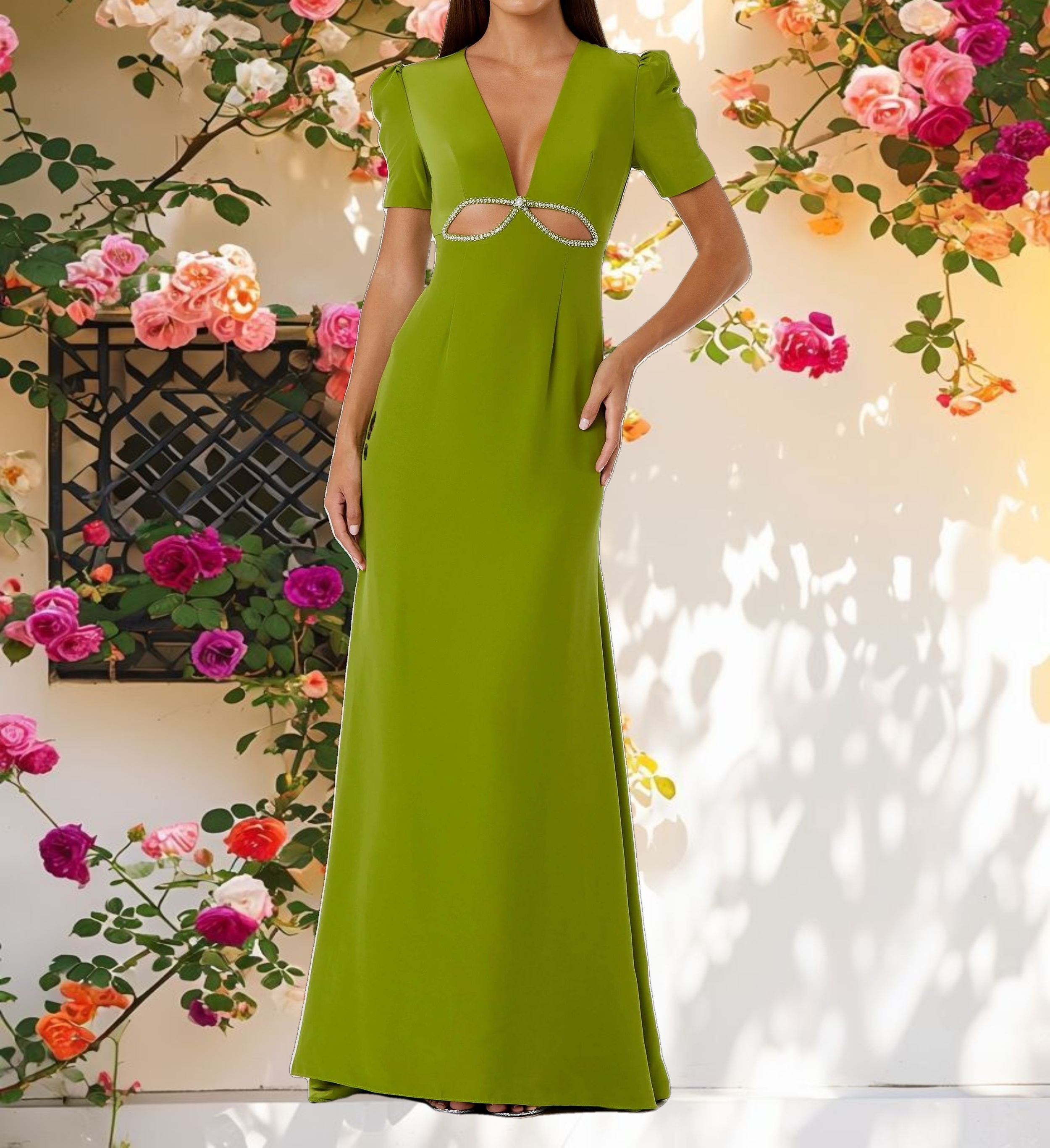 Plunge Neck Puff Sleeve Cut Out Gown