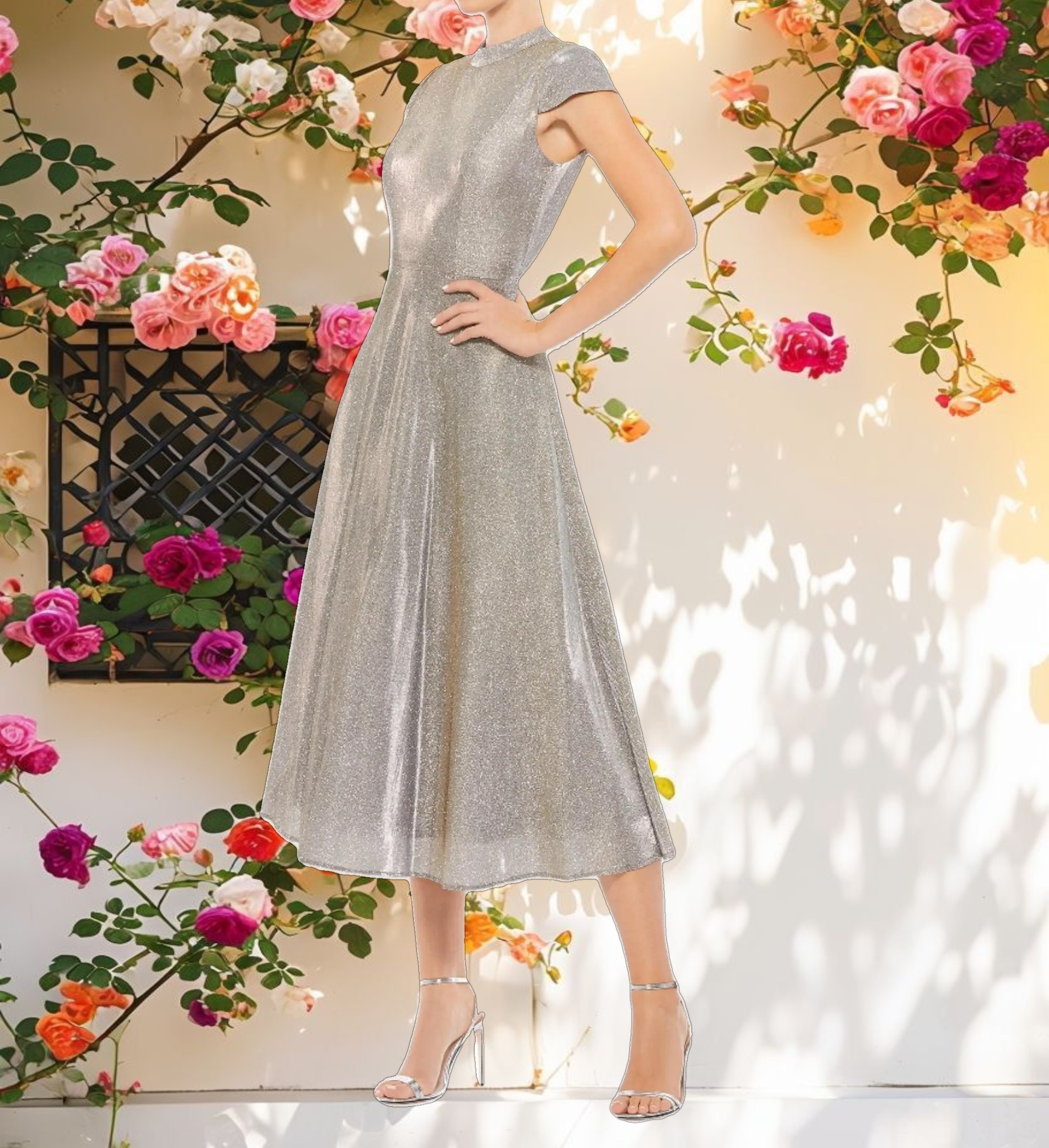 Silver Metallic Cap Sleeve Tea-Length Dress