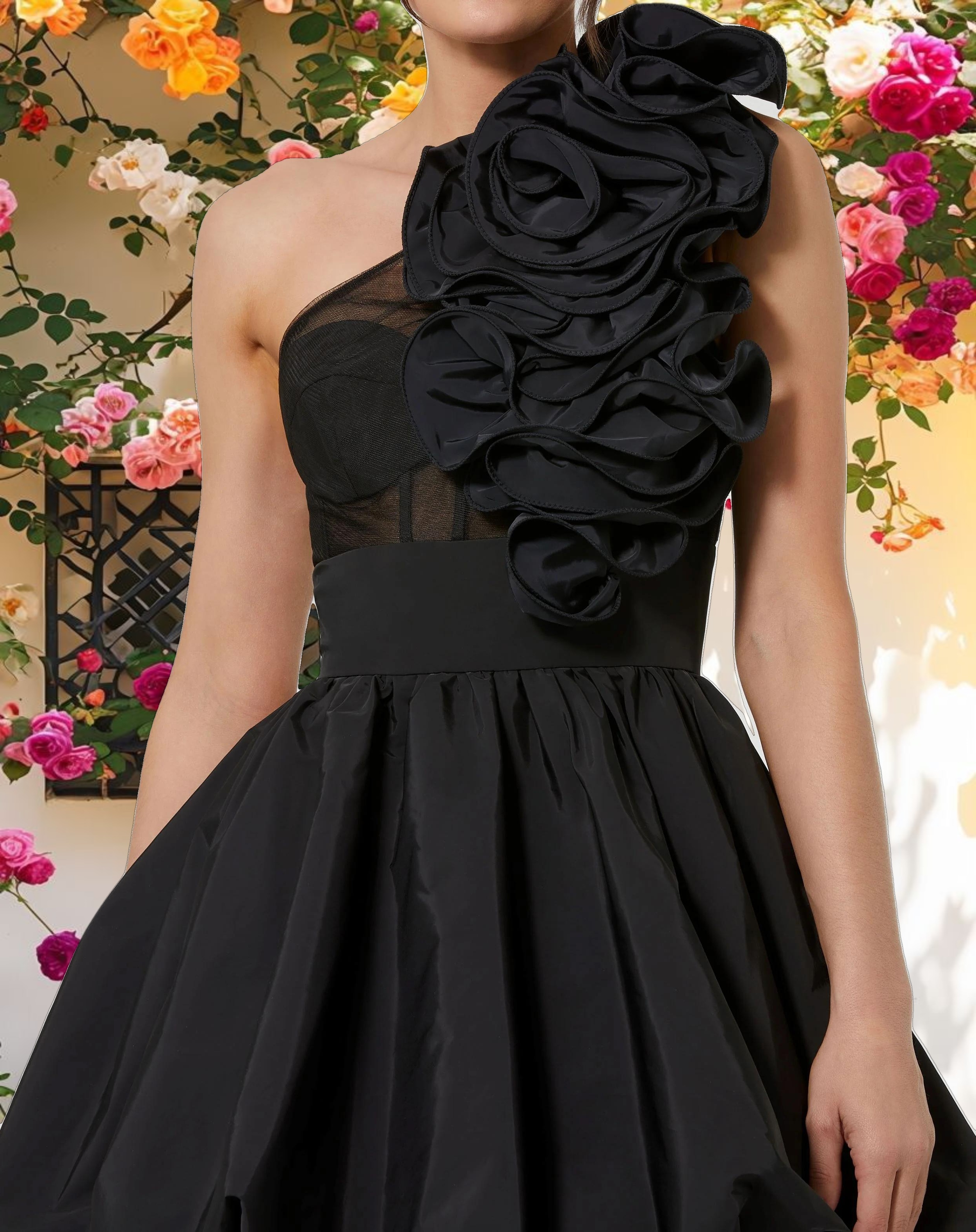 Black Taffeta One Shoulder Ruffle Bubble Mini Dress