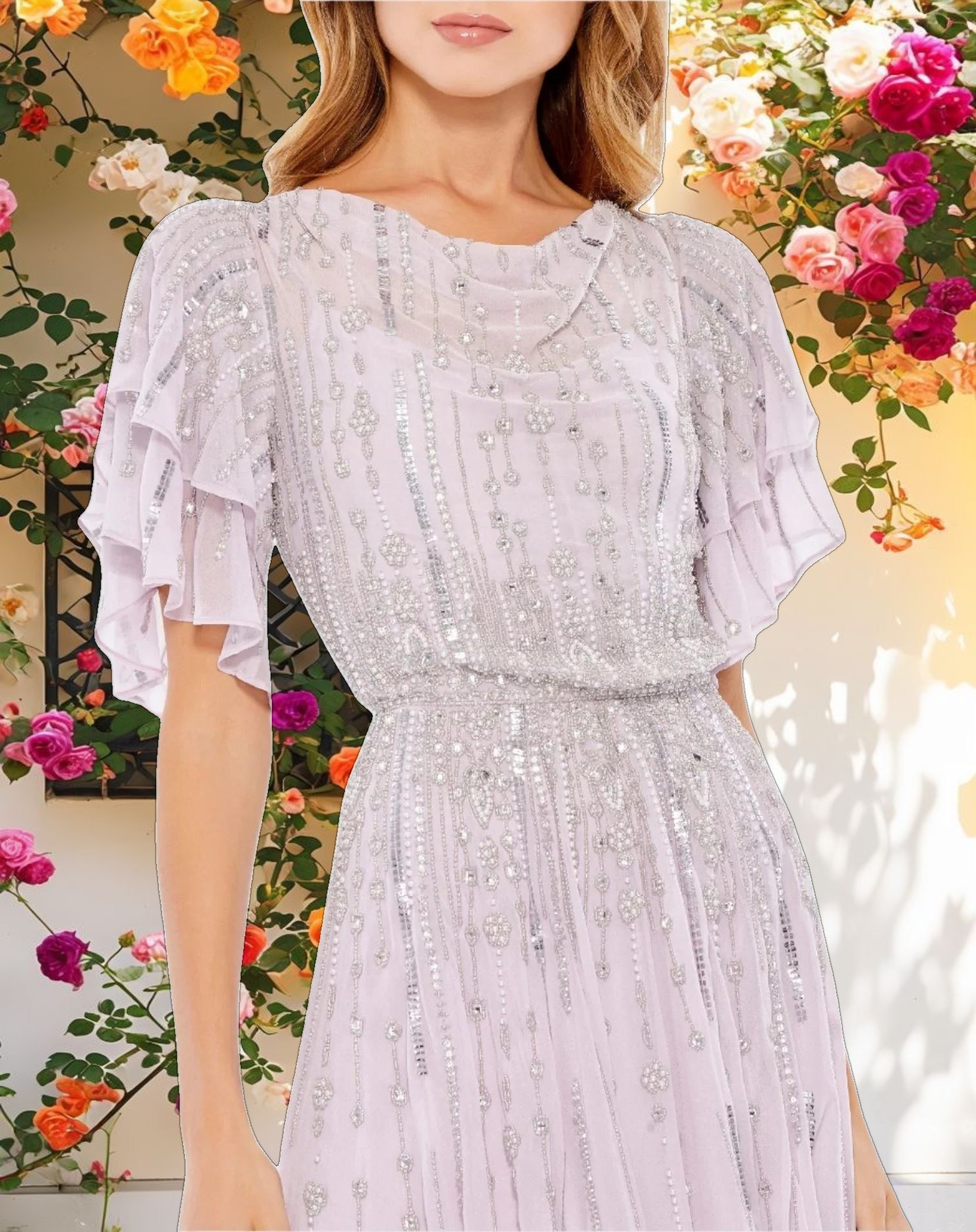 Purple High Neck Sequined Flutter Sleeve Midi Dress