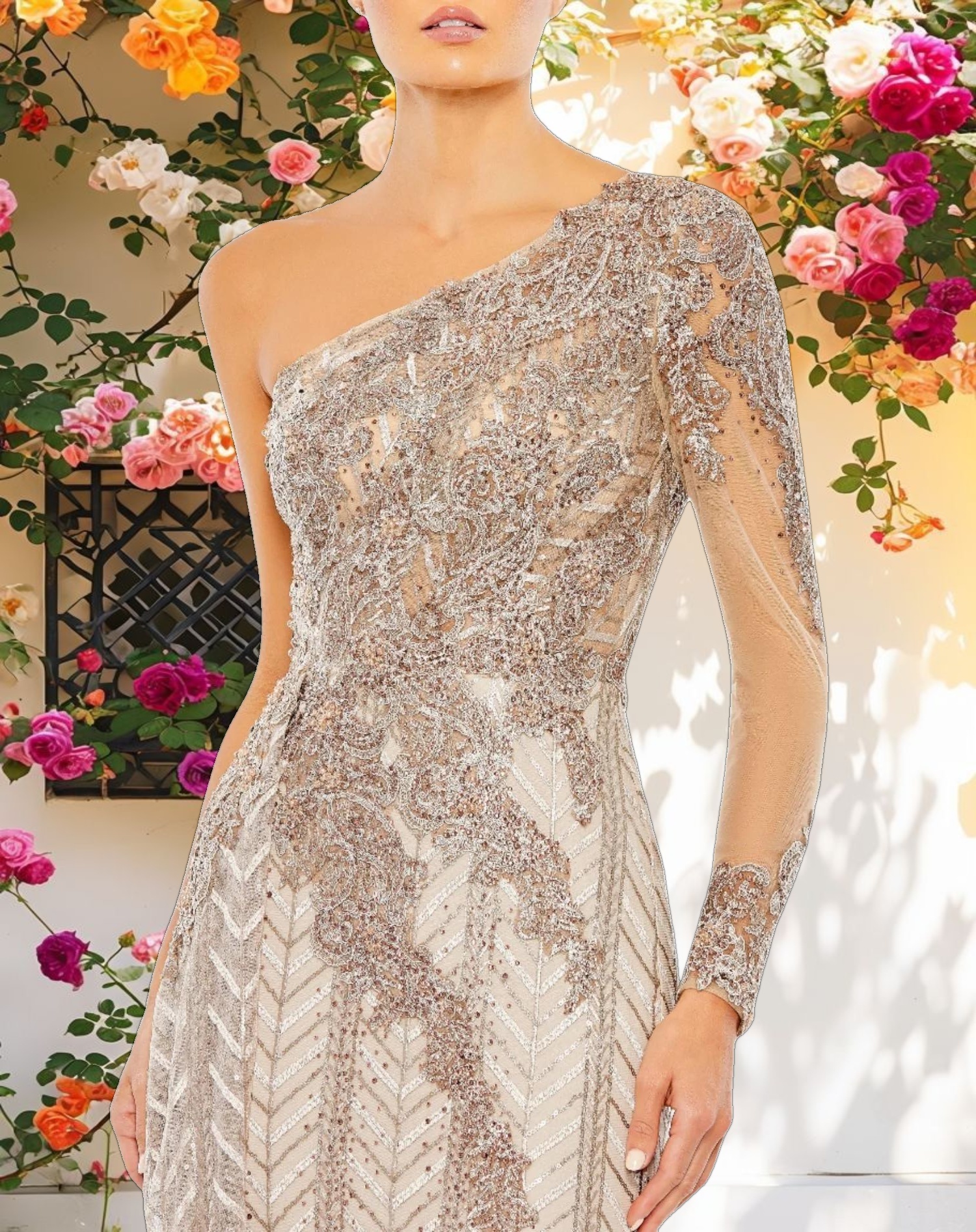Beige Embellished One Shoulder A Line Gown
