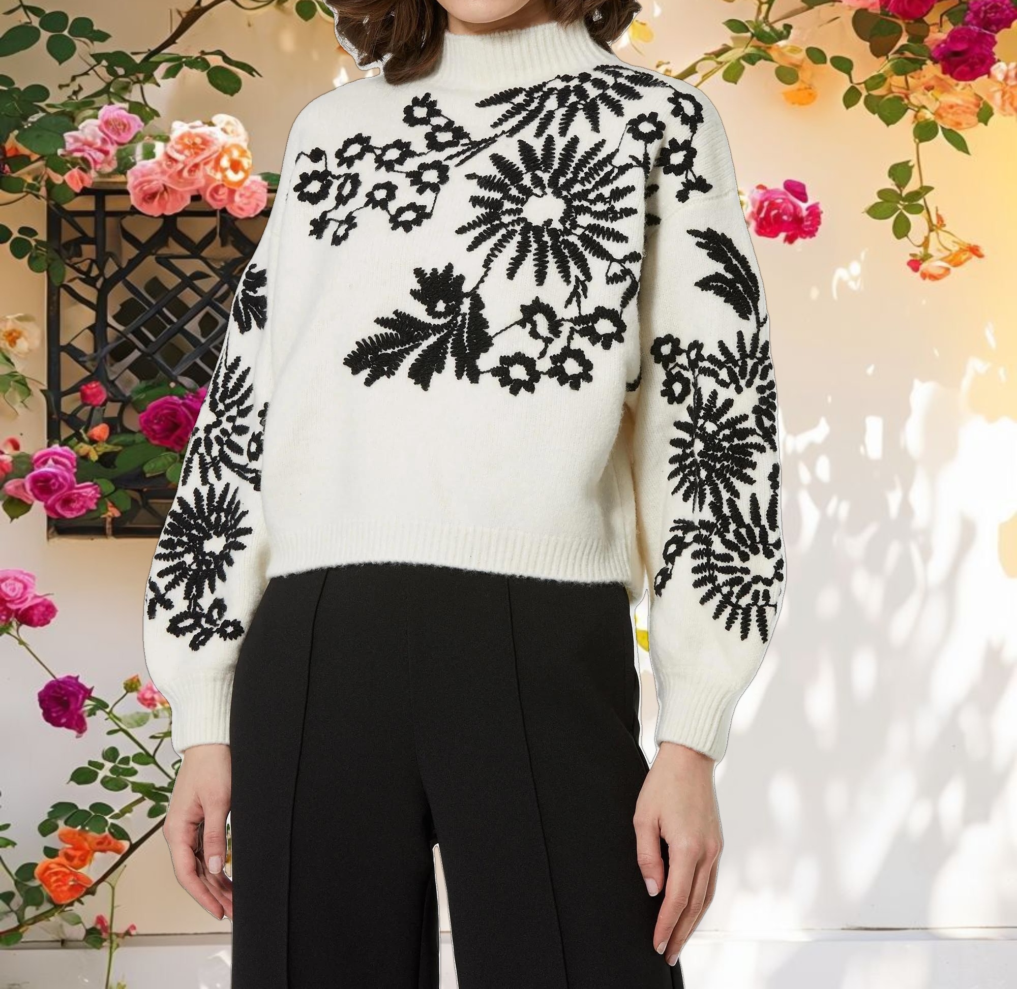 Balloon Sleeve Cropped Mock Neck Knit Sweater