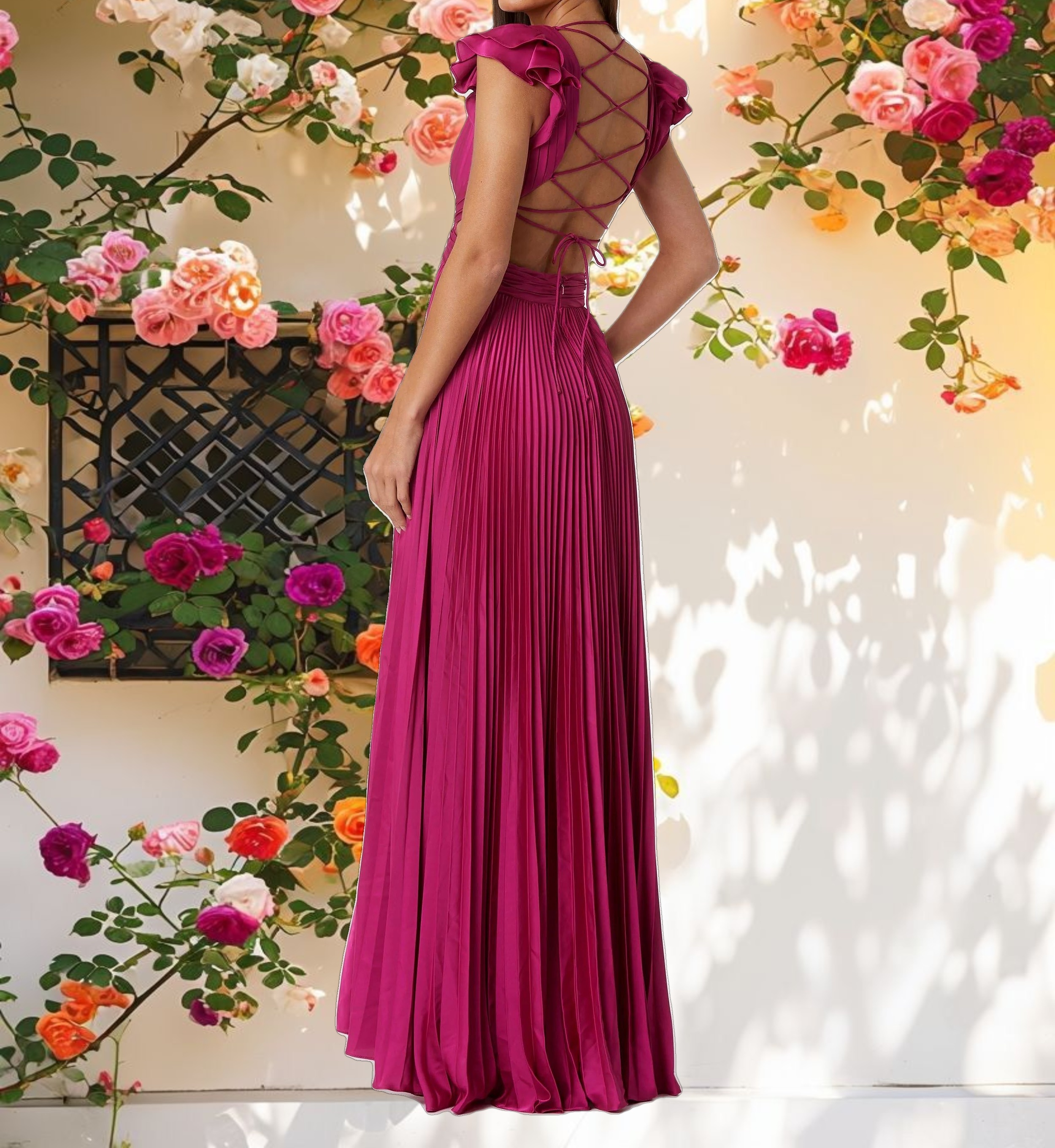 Purple Pleated Ruffled Cap Sleeve Cut Out Lace Up Gown
