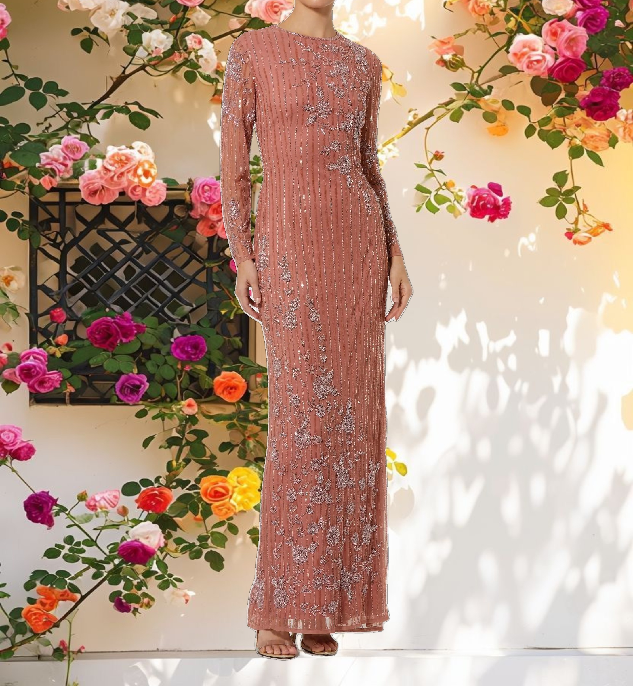 Pink Embellished High Neck Illusion Long Sleeve Gown