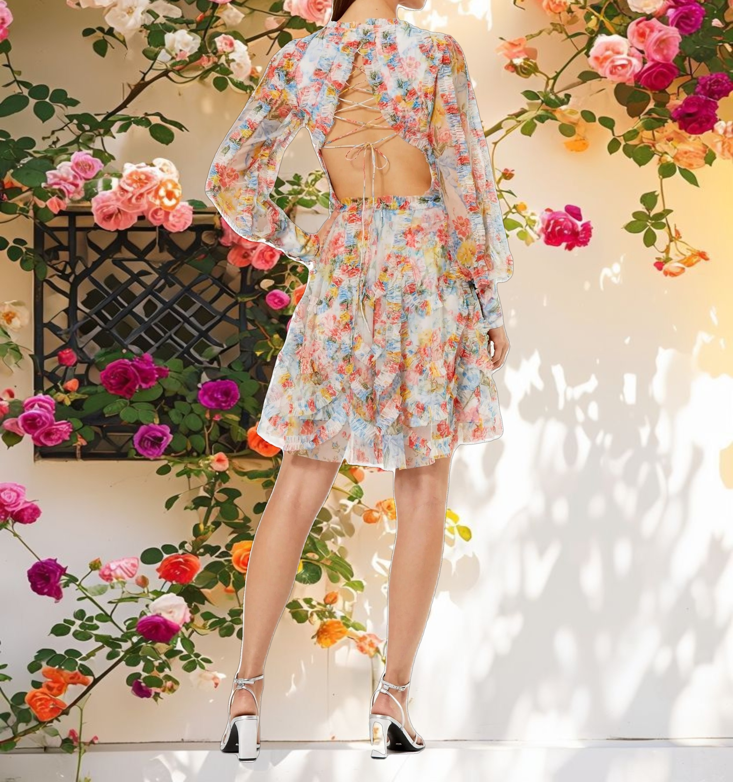 Colorful Patterned Net Frill Mini Dress