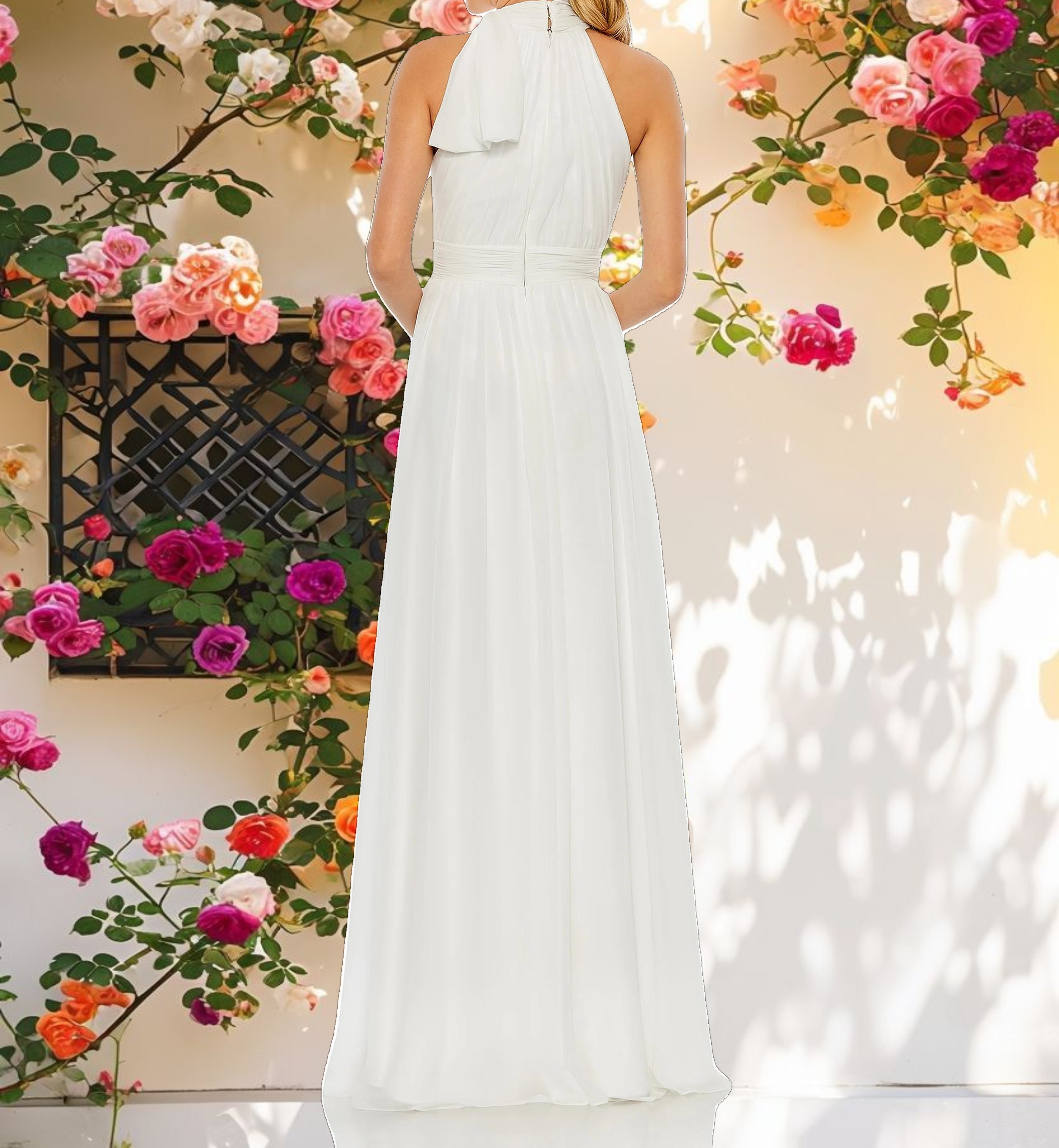 White High Neck Chiffon Gown