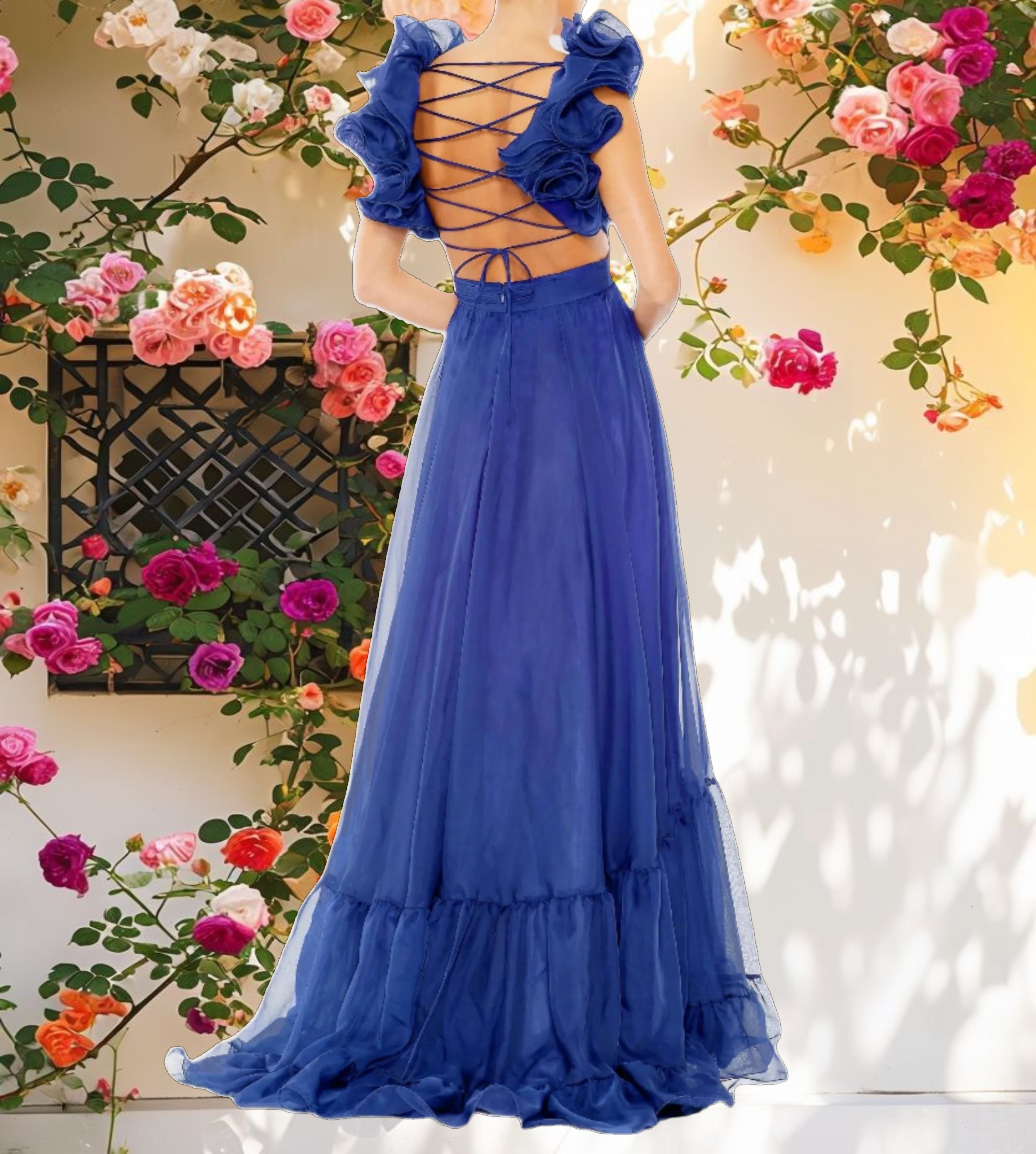 Blue Ruffle Tiered Cut Out Chiffon Gown