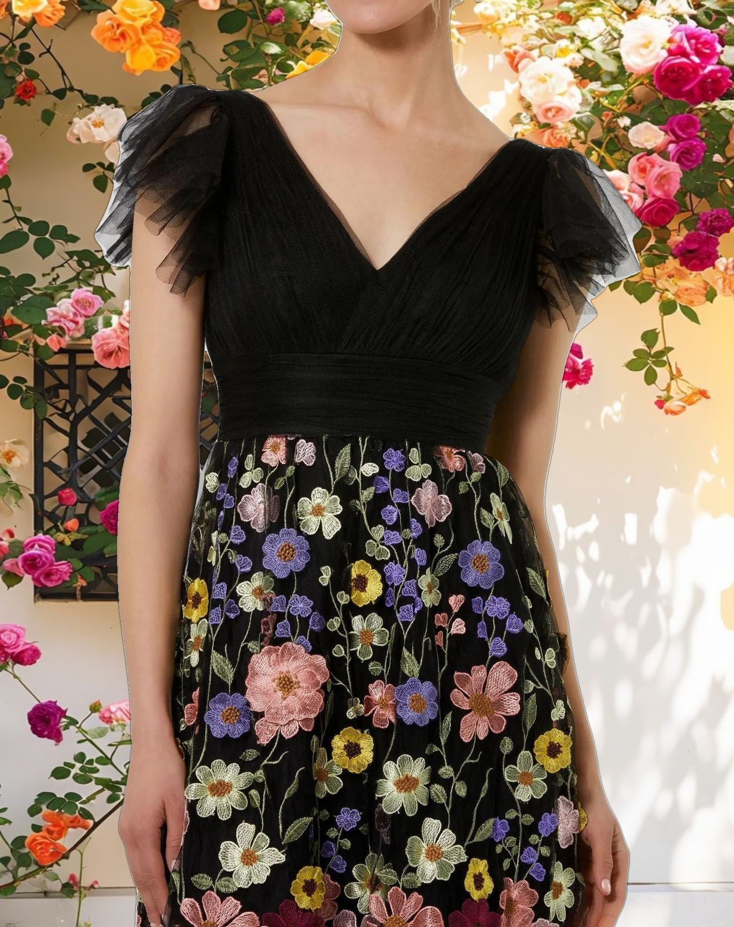 Multicolor Embroidered Flutter Sleeve Dress