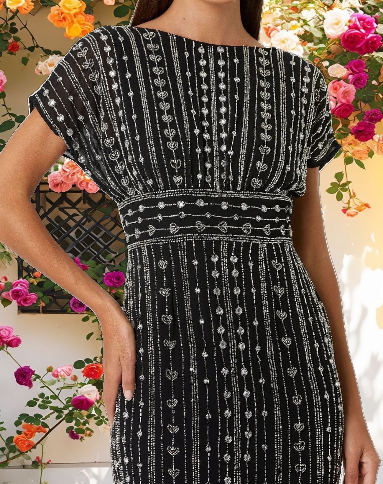 Black Beaded Cap Sleeve Empire Waist Sheath Midi Dress
