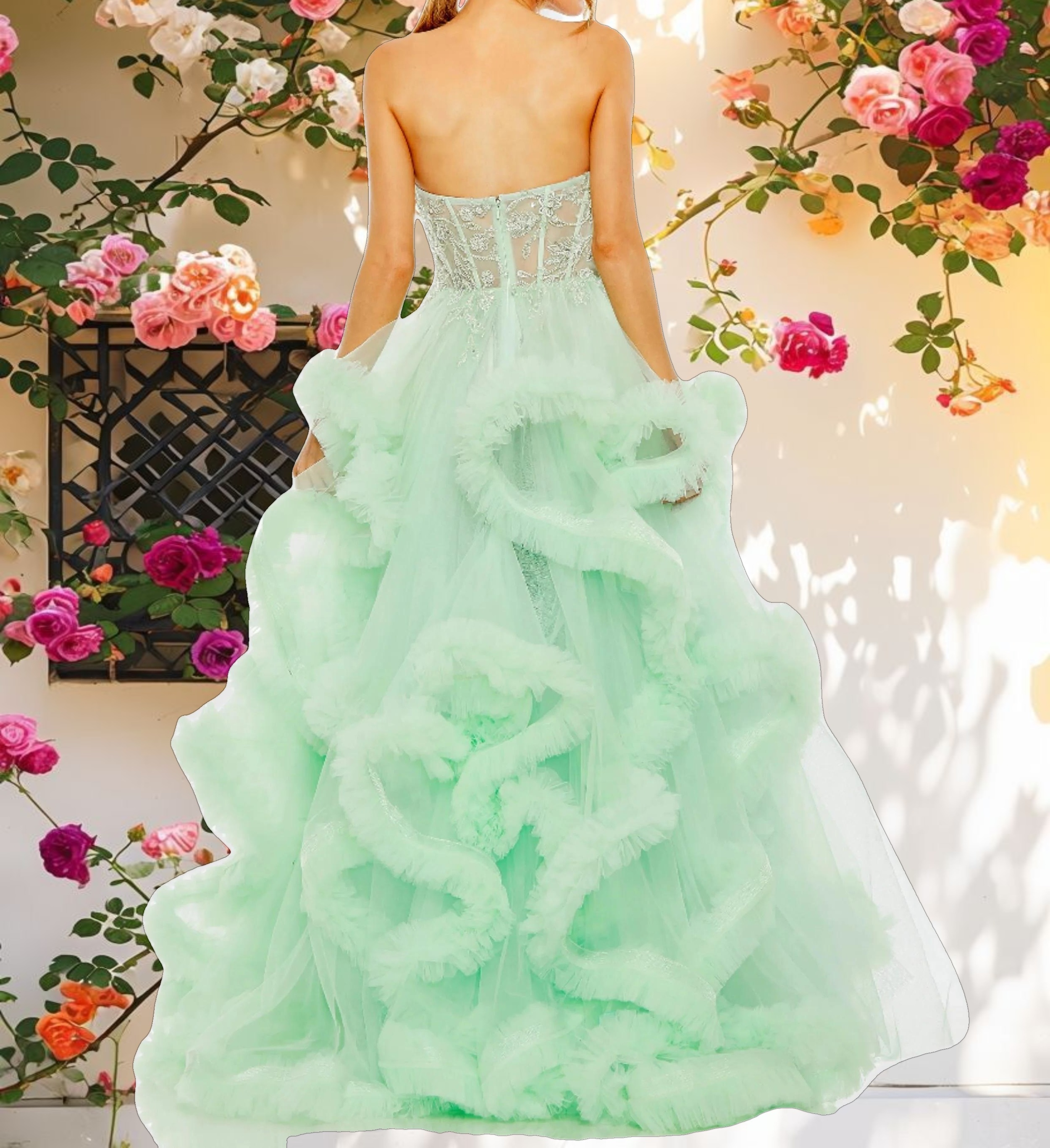Green Strapless Corset Detail Tulle Layered Ball Gown