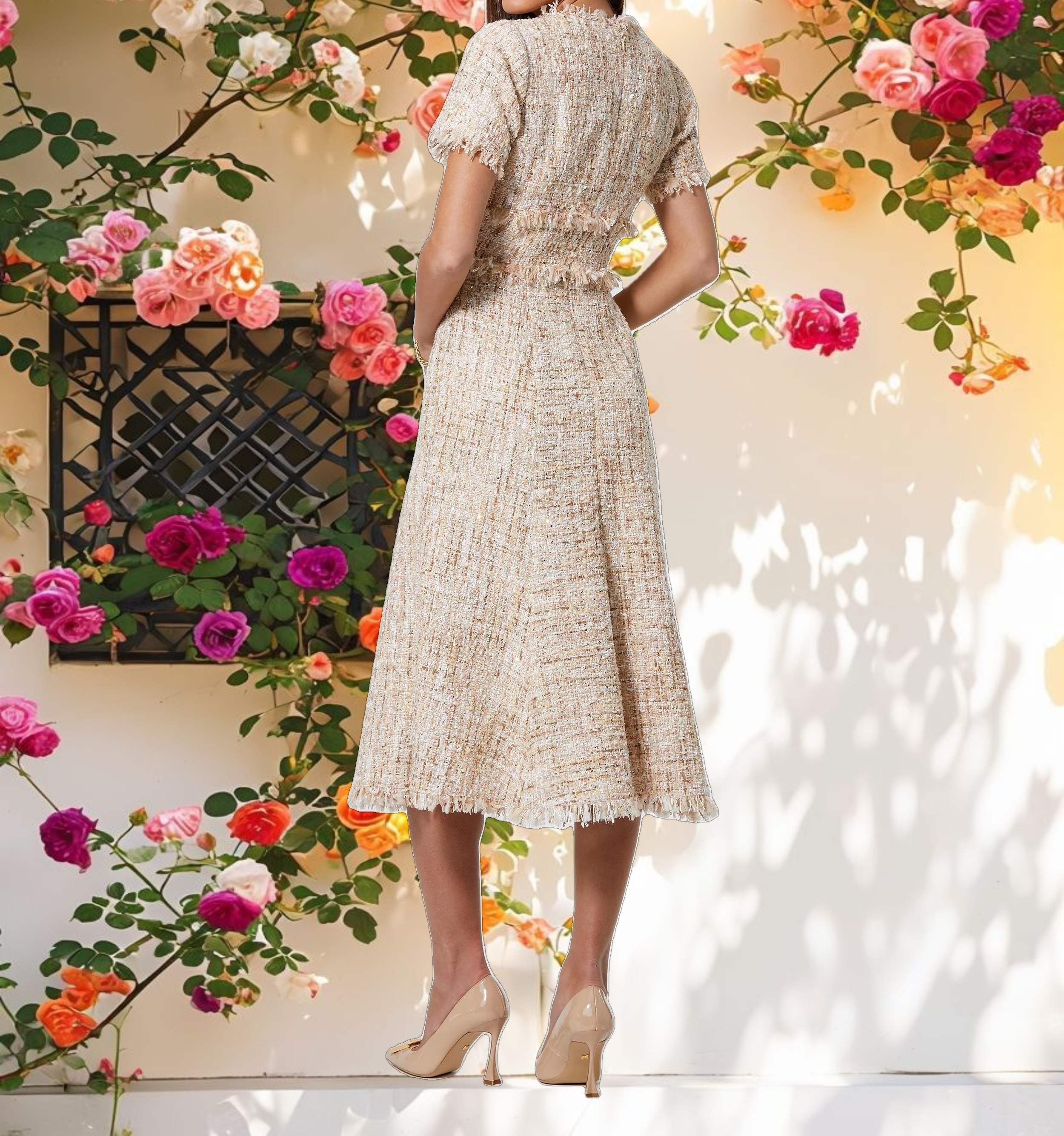 Beige Boucle Short Sleeve A Line Midi Dress