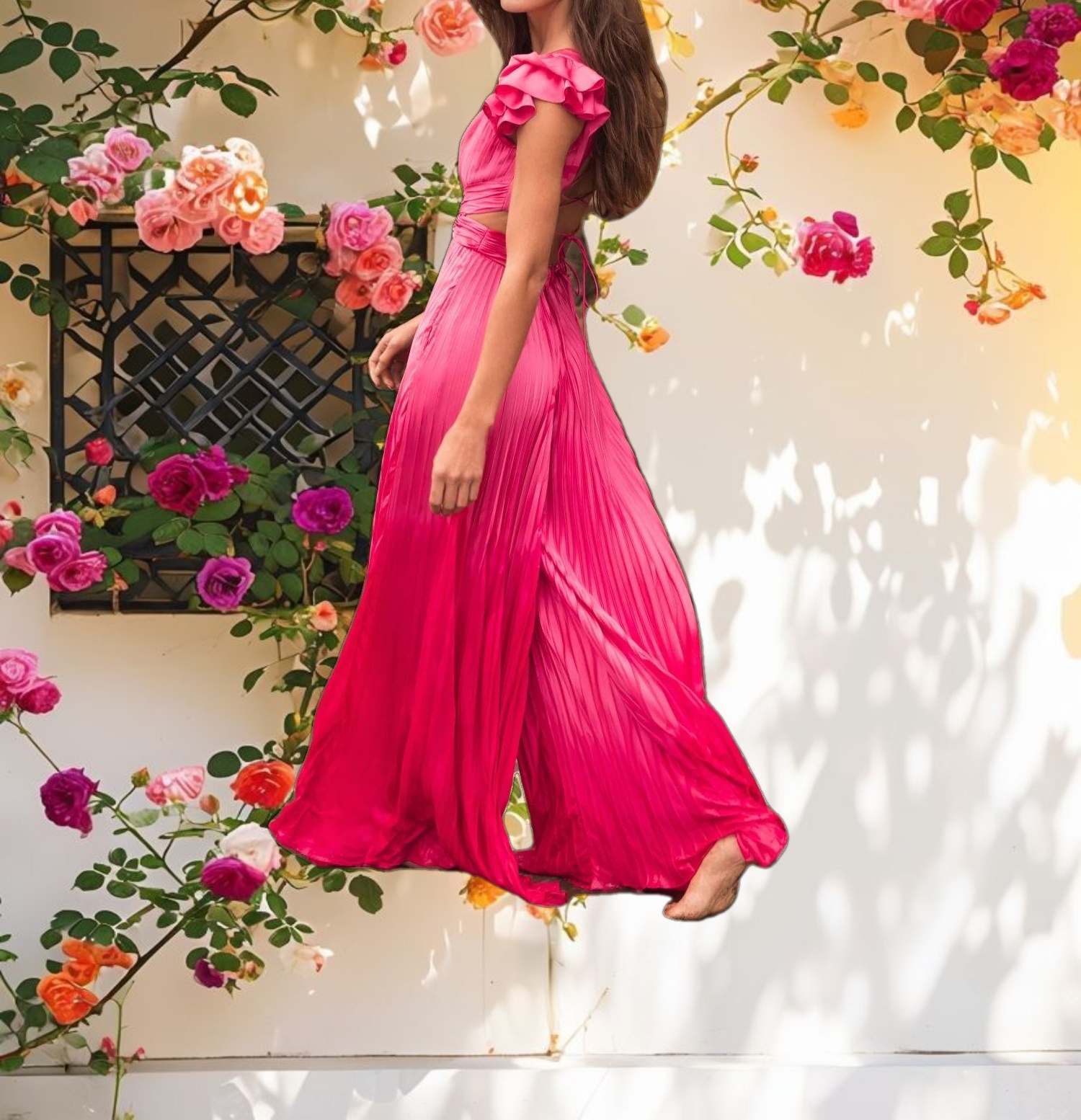 Pink Ruffle Cap Sleeve Cutout Heat Pleated Jumpsuit