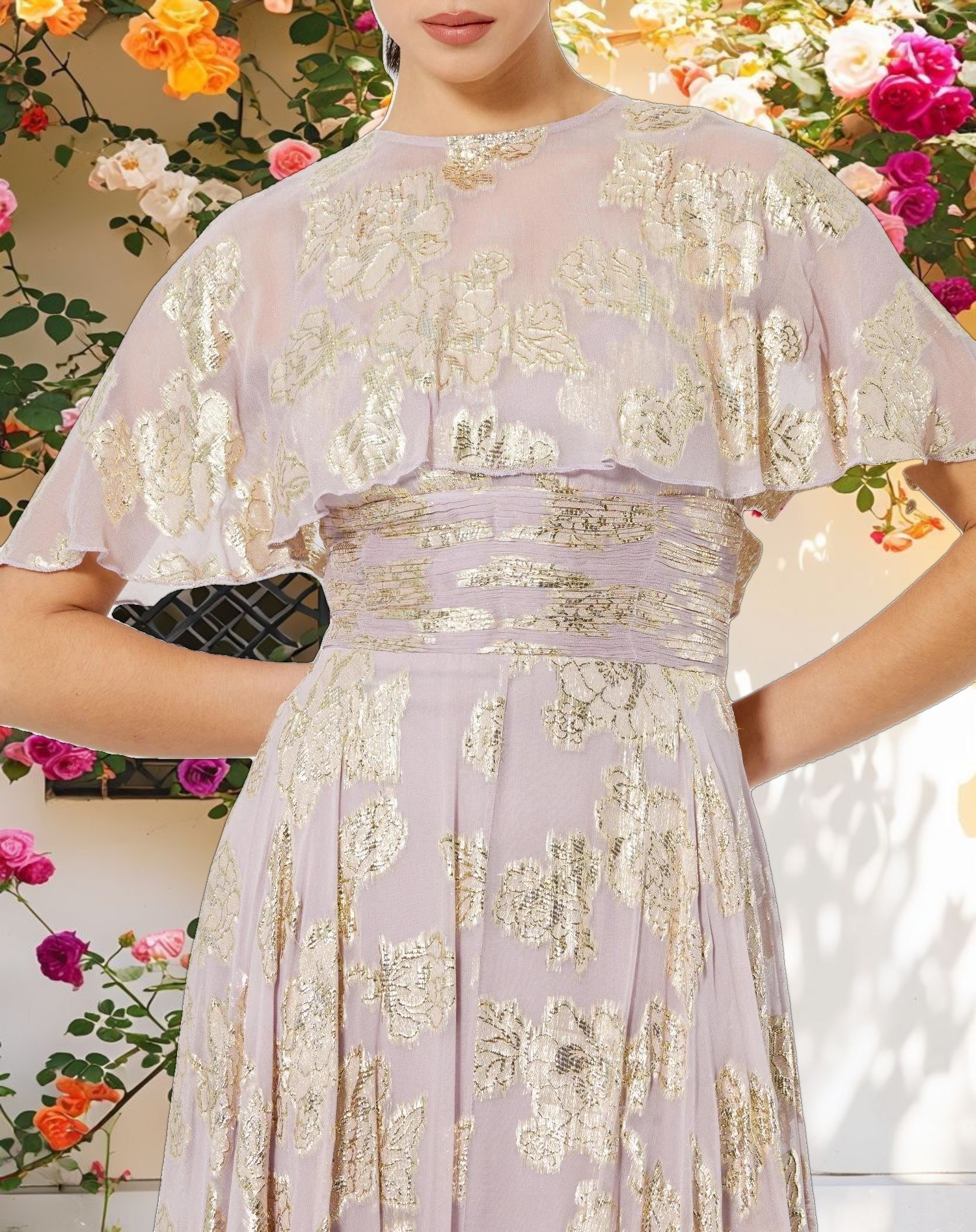 Purple High Neck Cape Sleeve A Line Floral Dress