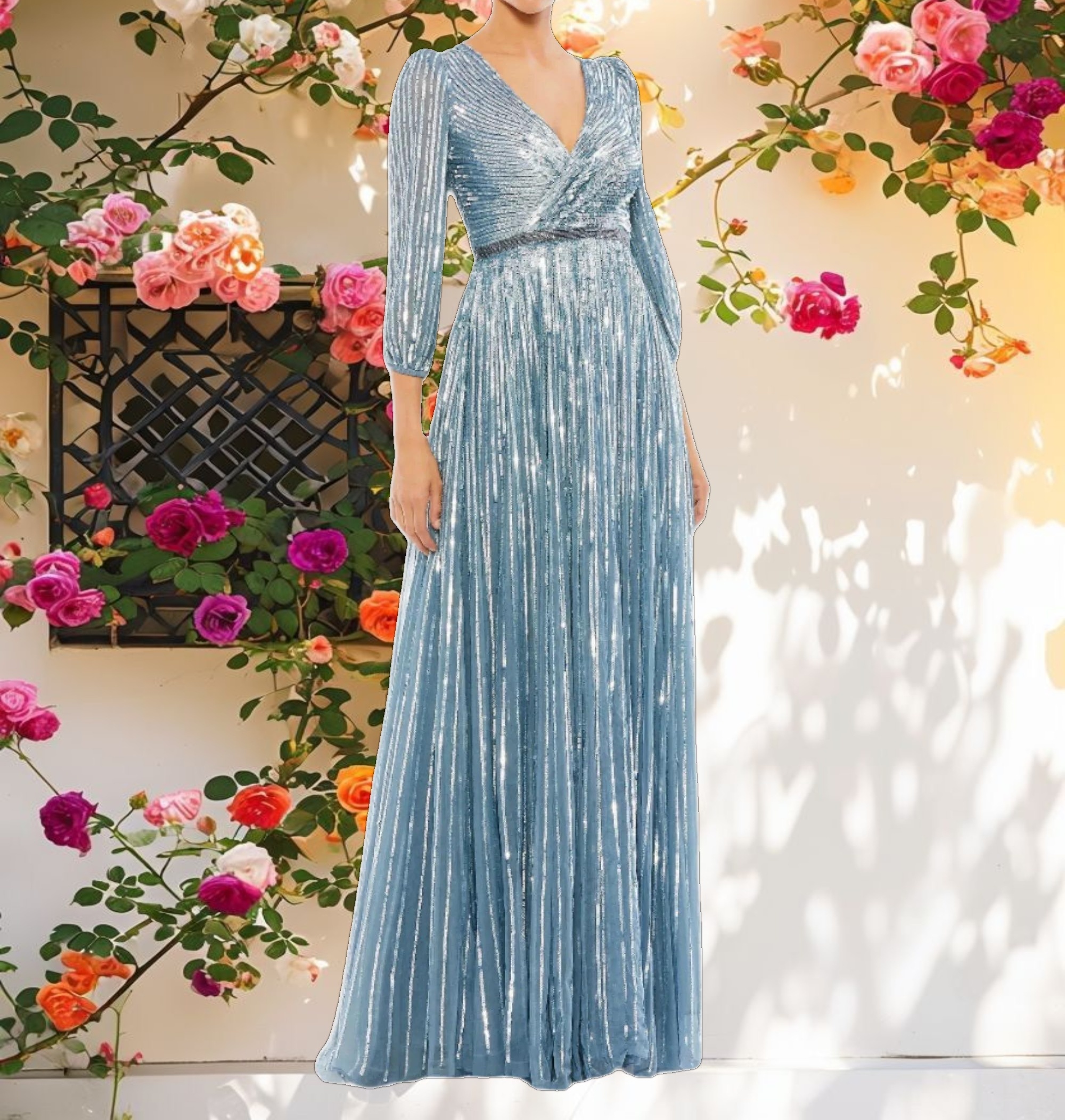 Blue Sequined Wrap Over 3/4 Sleeve Gown