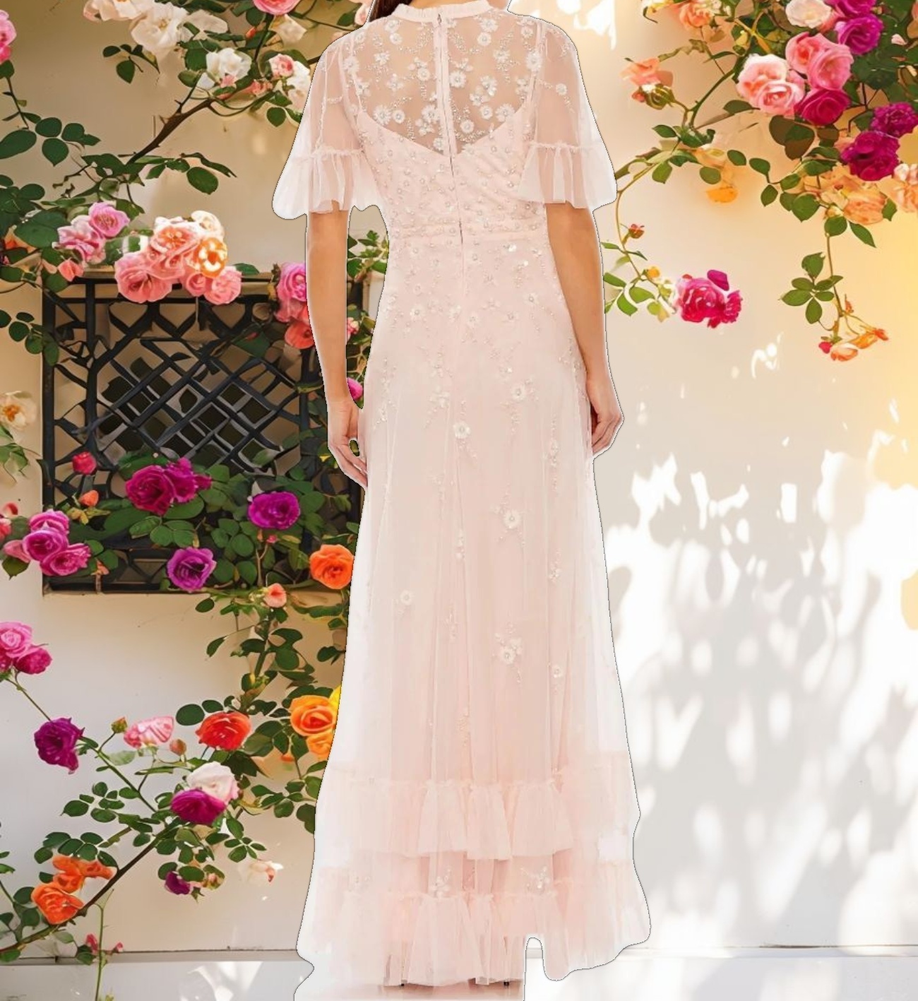 Light Pink Ruffled Floral Embellished Flutter Sleeve A Line Dress