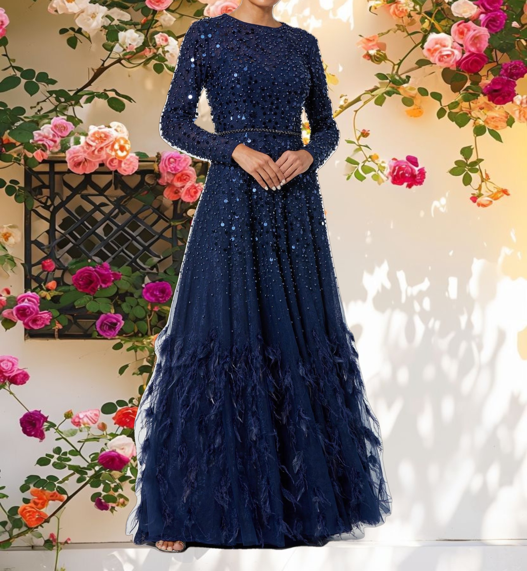 Stylish Sequin Gown with Feather Detail