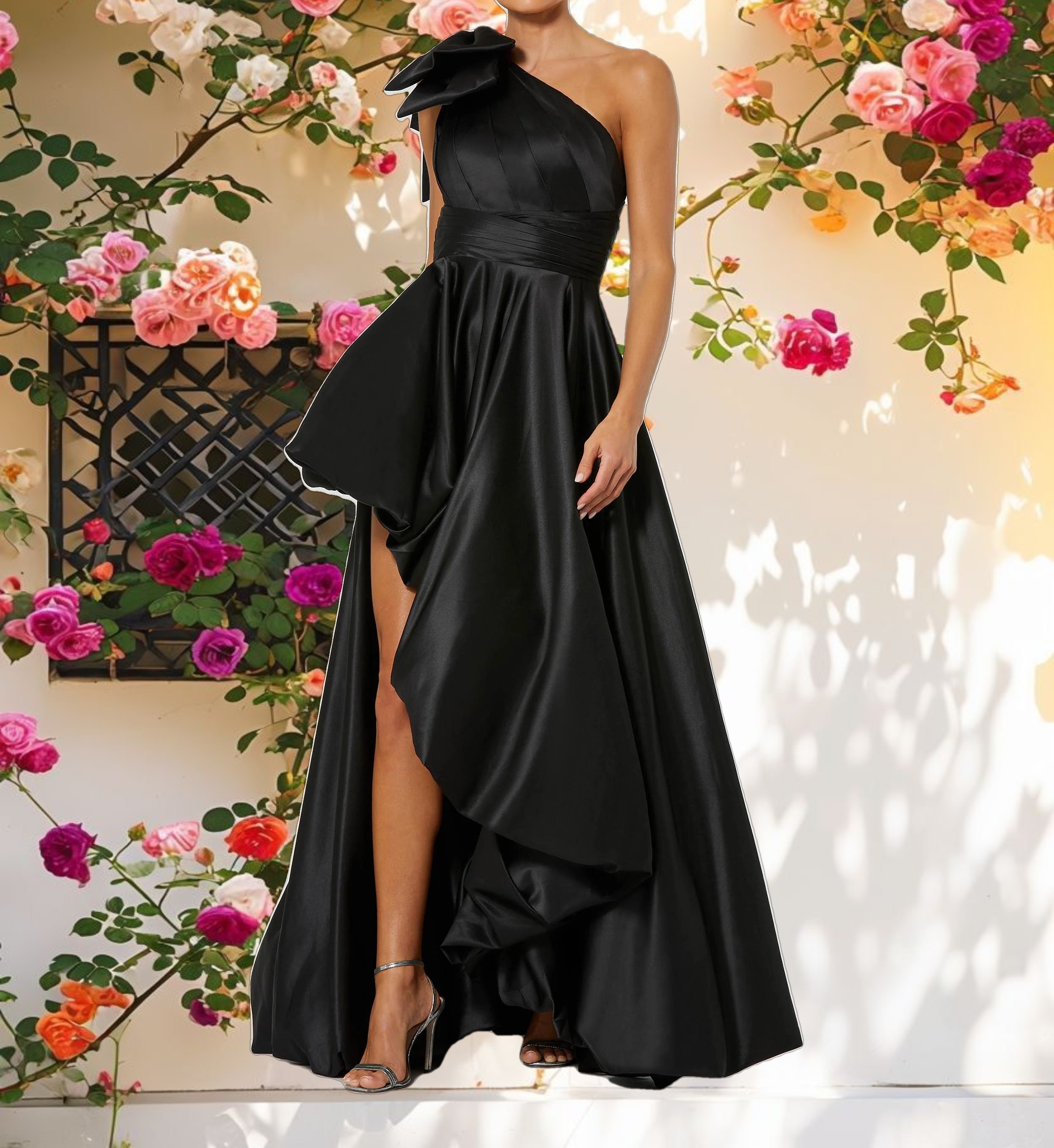 Black Satin One Shoulder Bow Gown