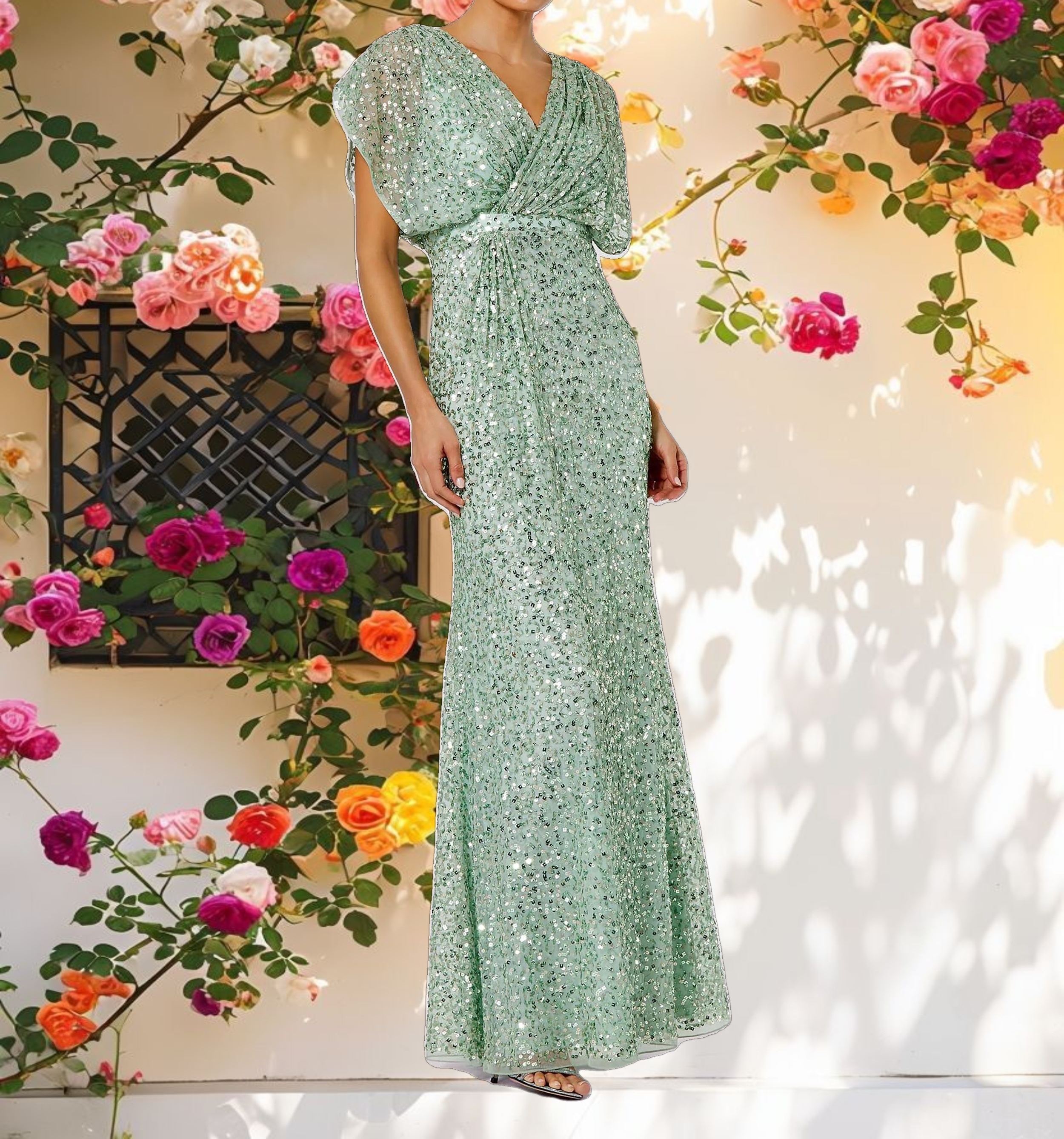 Draped Sleeve V Neck Gown