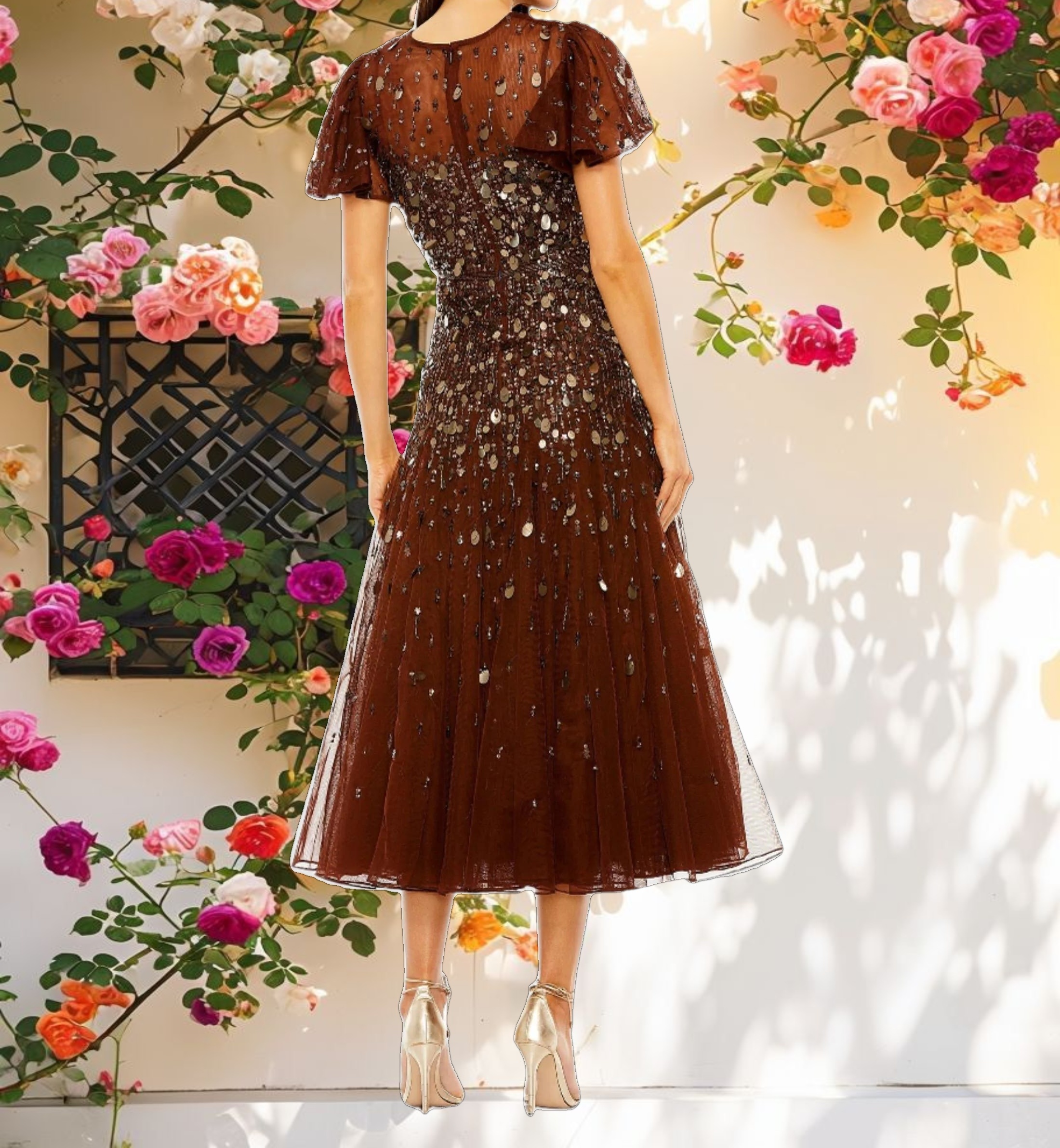 Flutter Sleeve Sheer Top Beaded Dress