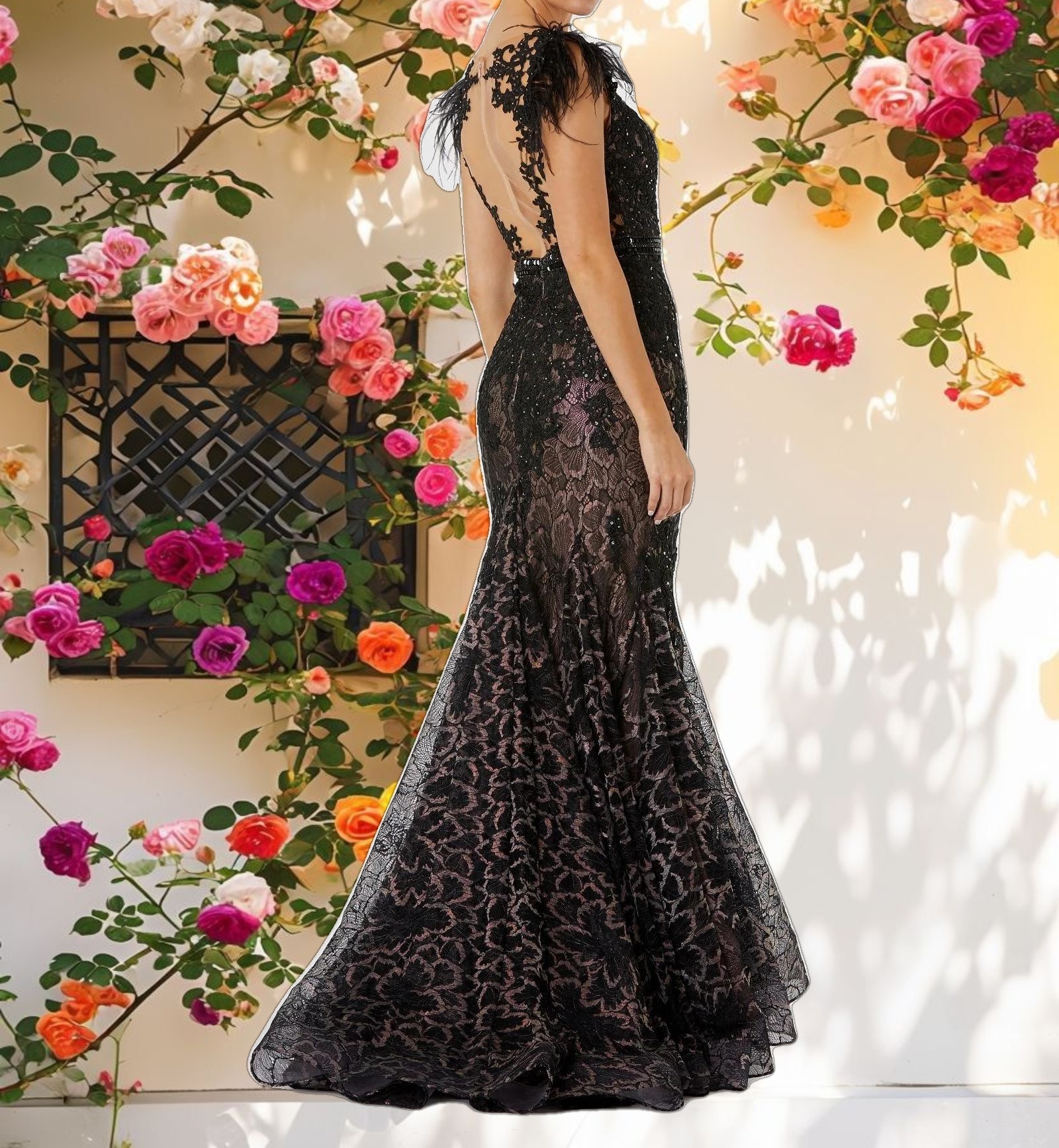 Black Embellished Feather Cap Sleeve Illusion Neck Trumpet Gown
