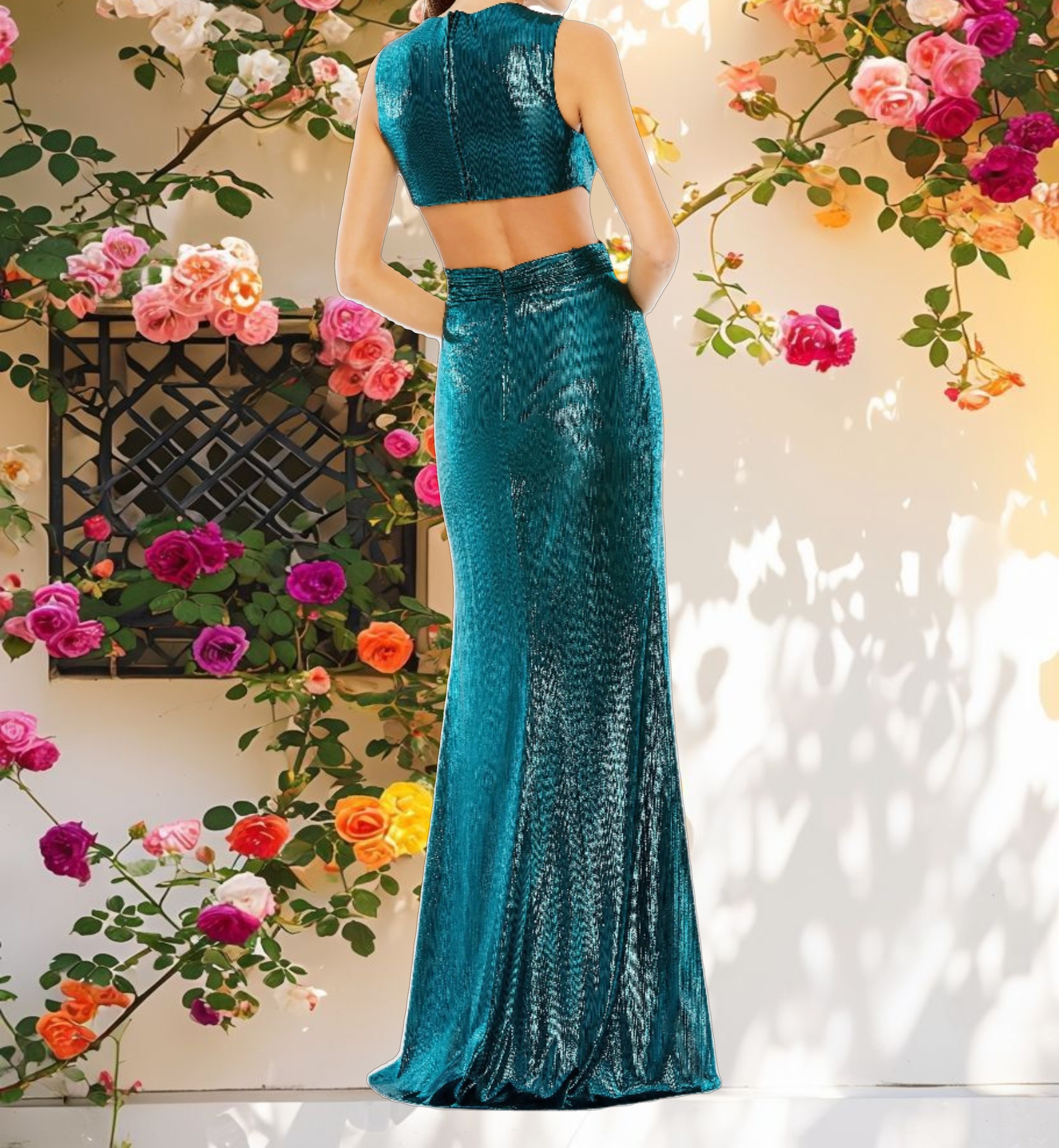 Teal Metallic Cut Out Mermaid Gown