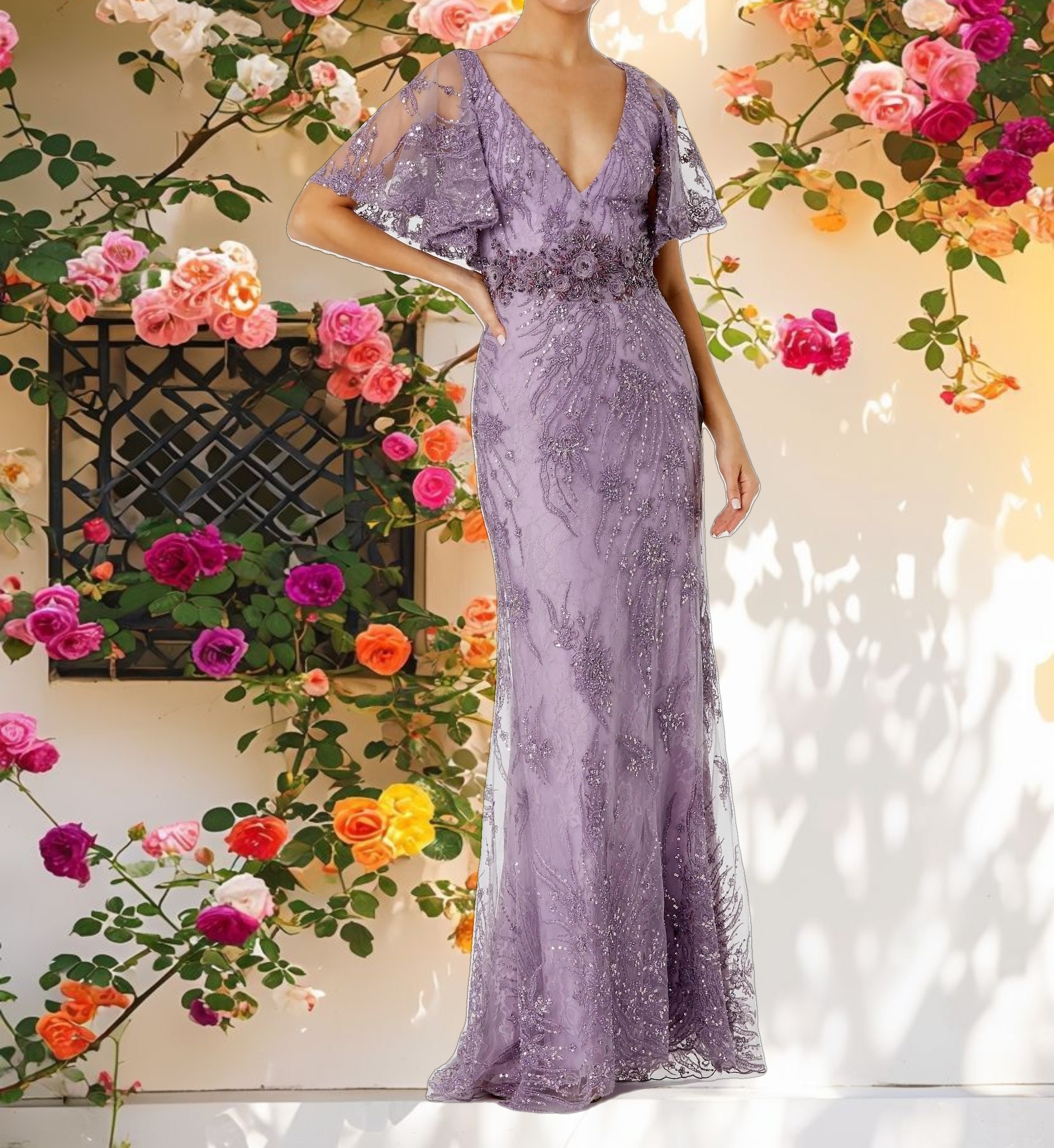 Vintage Flutter Sleeve Evening Gown