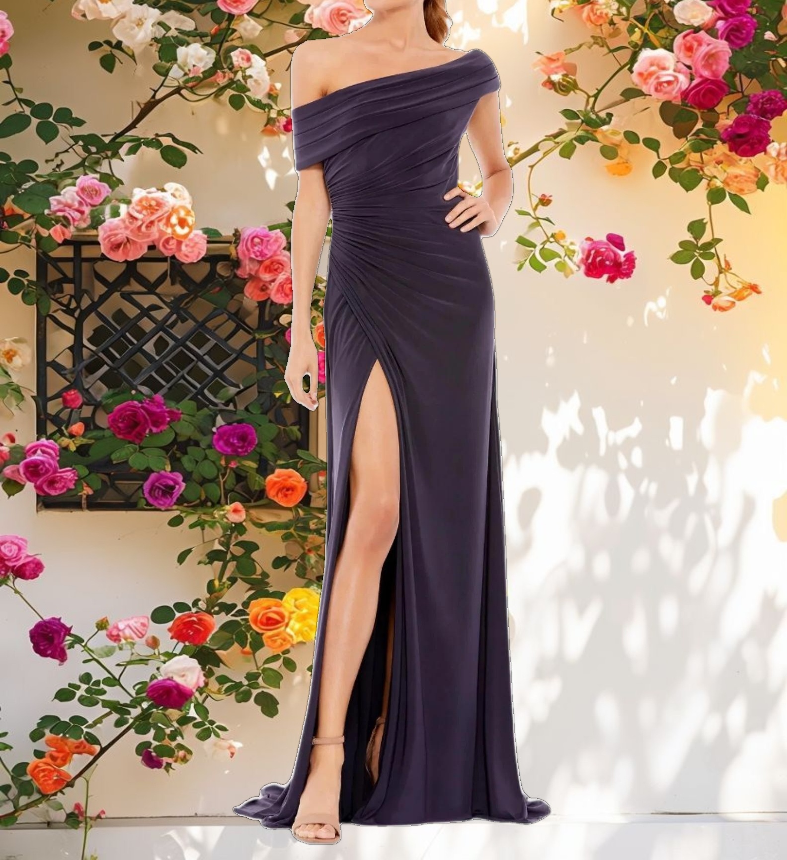 Purple Foldover Off-the-Shoulder Slit Gown