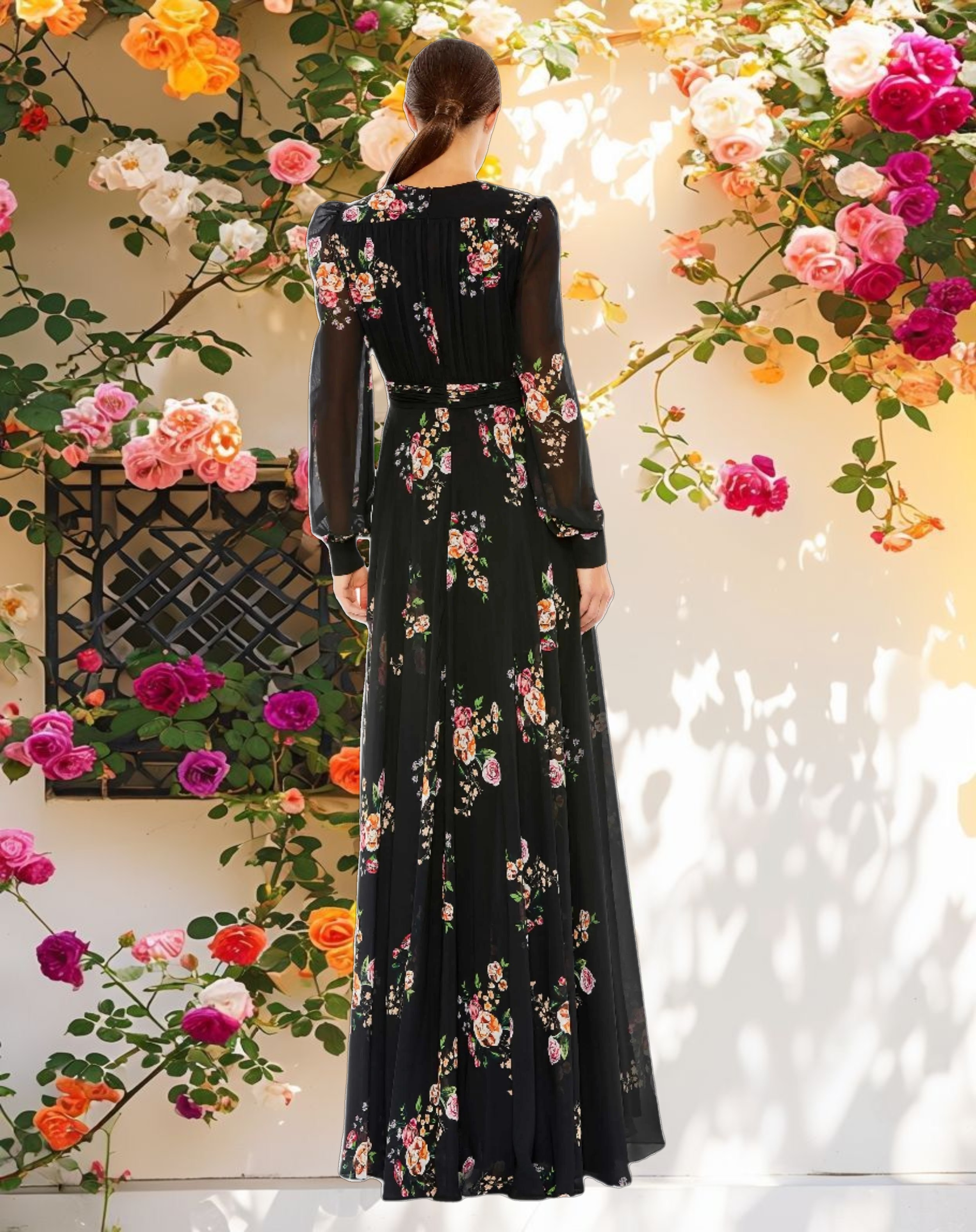 Floral Print Belted Long Sleeve Gown